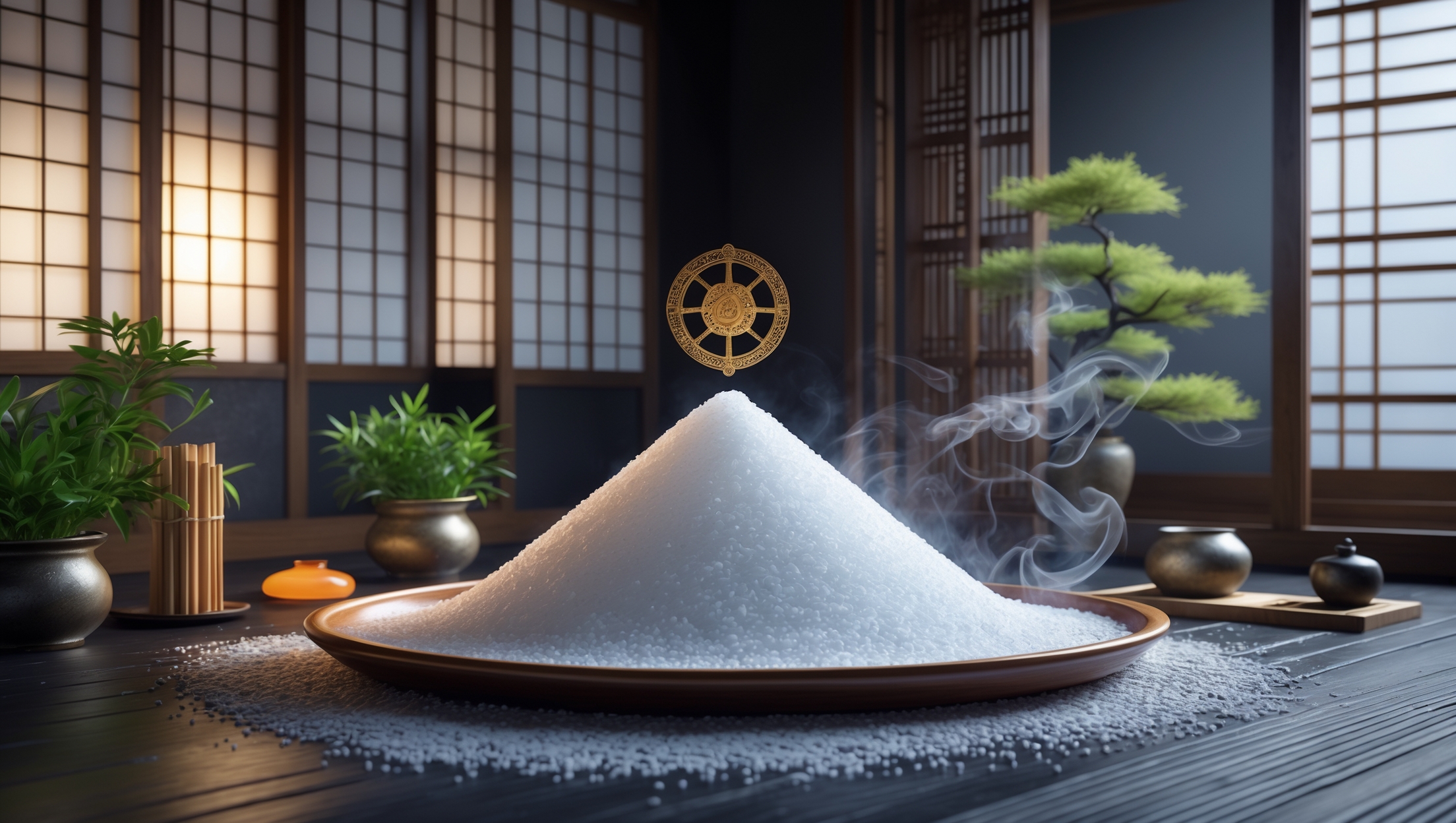 伝統的な和室の中で、煙を立ち上らせる盛り塩の山と、上空に浮かぶ金色の風水羅盤。浄化と開運を象徴する日本の伝統的な風水アイテムが美しく描かれている。