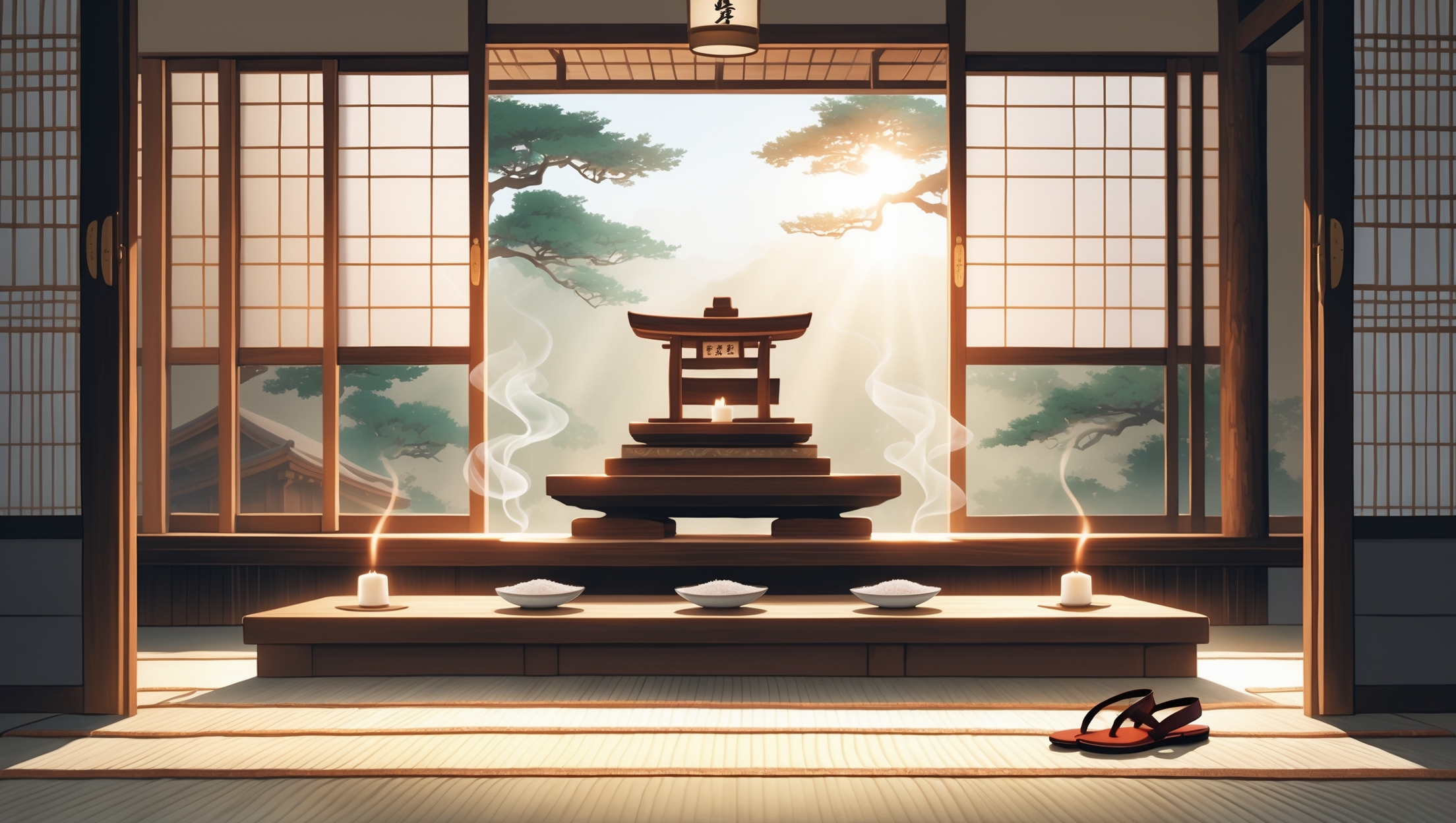 朝日が差し込む和室の神棚と清め塩、浄化のための伝統的な日本の空間