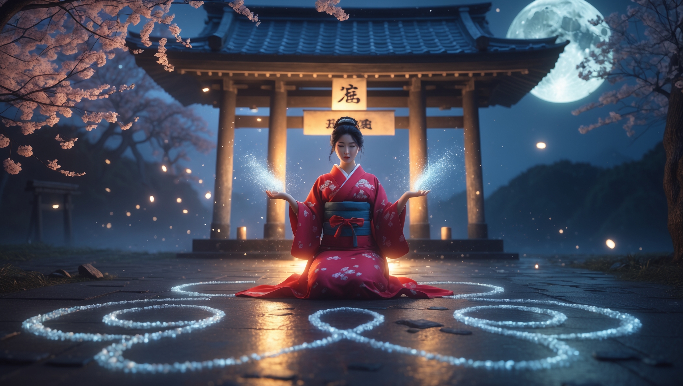 Japanese woman in red kimono performing a salt cleansing ritual under cherry blossoms and full moon at Koizuka shrine, symbolizing love purification in Japanese folklore.