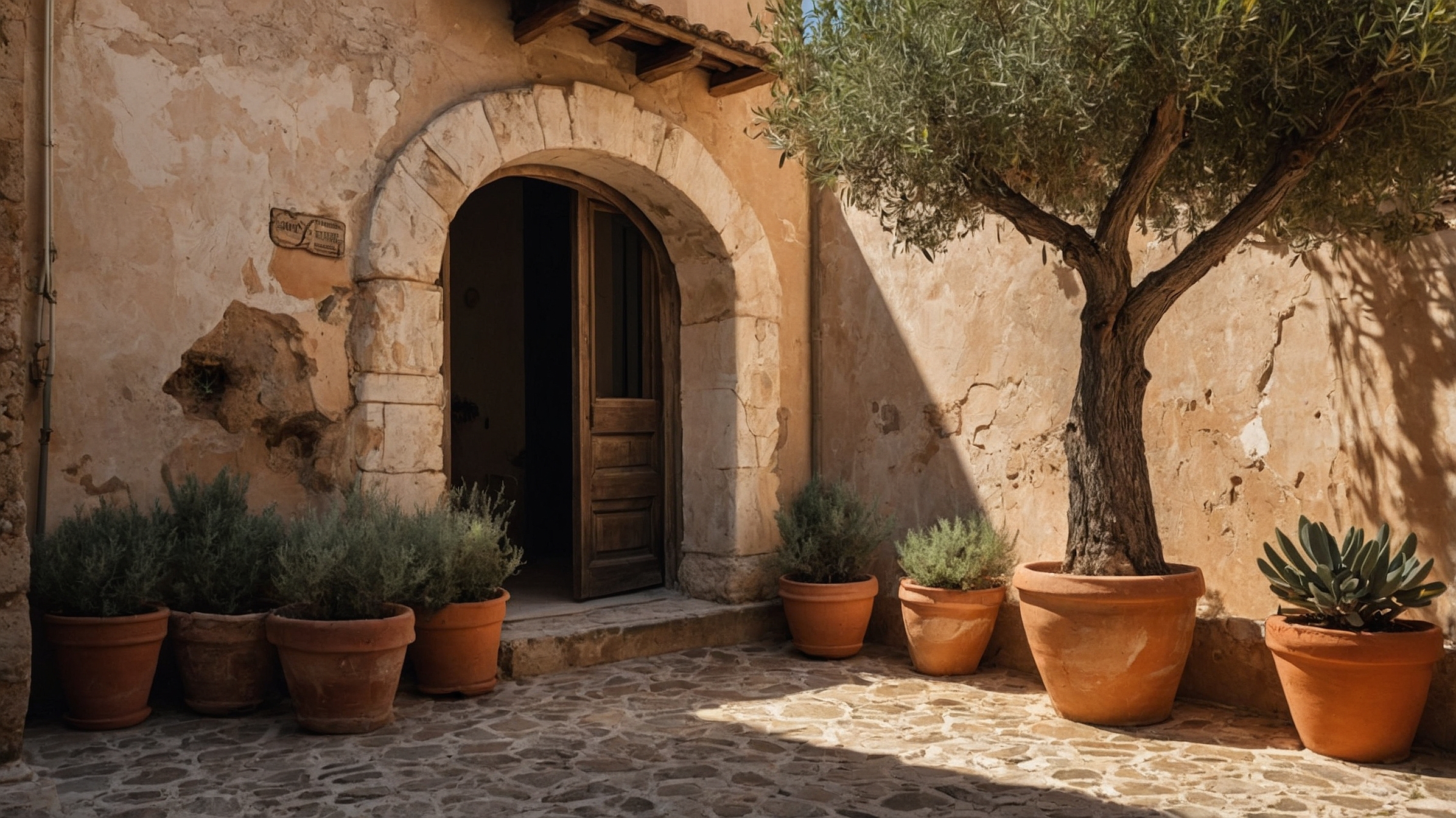 Ancient Mediterranean house entrance with terracotta pots, evoking traditional salt rituals against summer heat