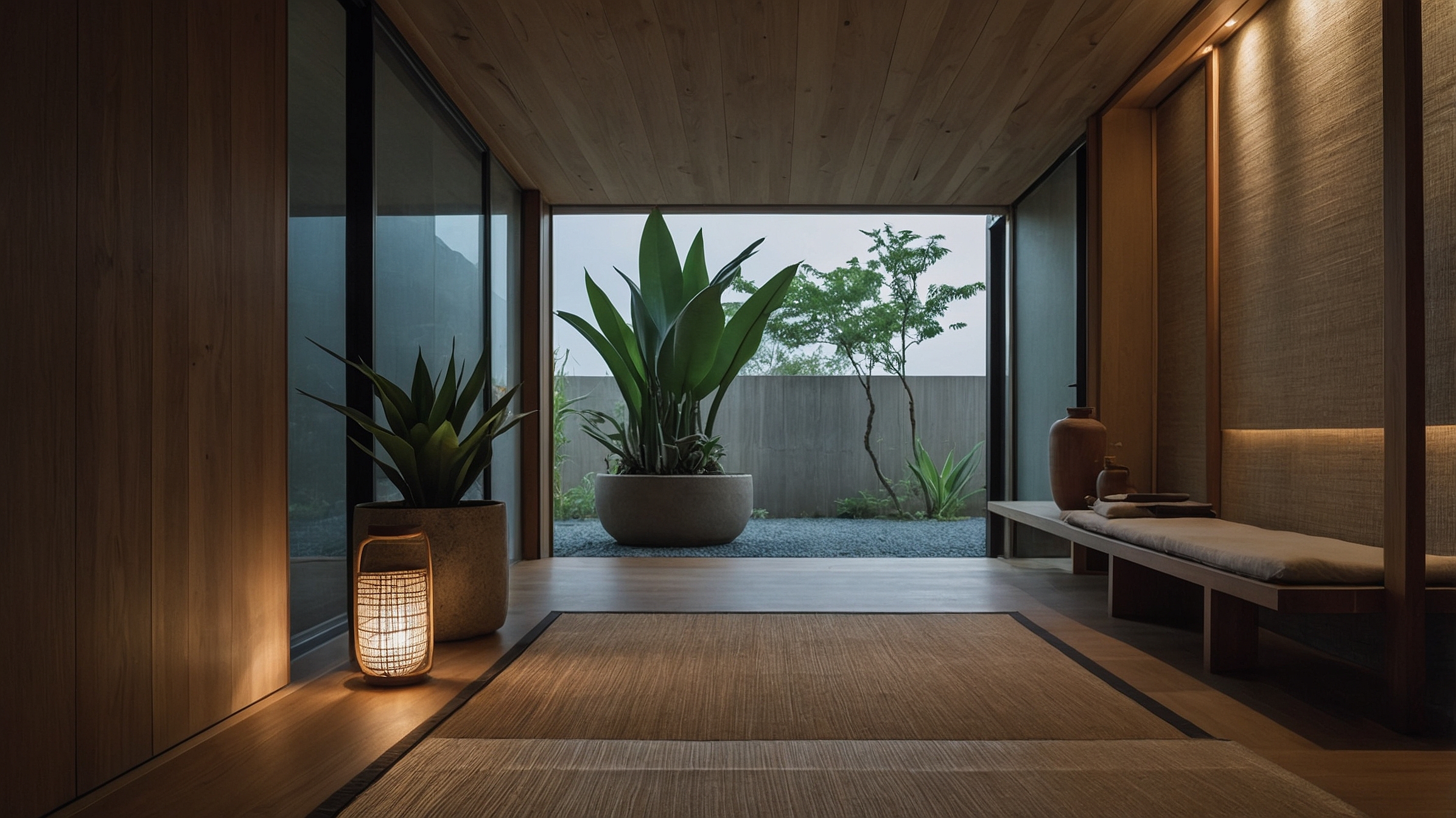 Modern Japanese entryway with natural light and indoor plants for summer energy cleansing
