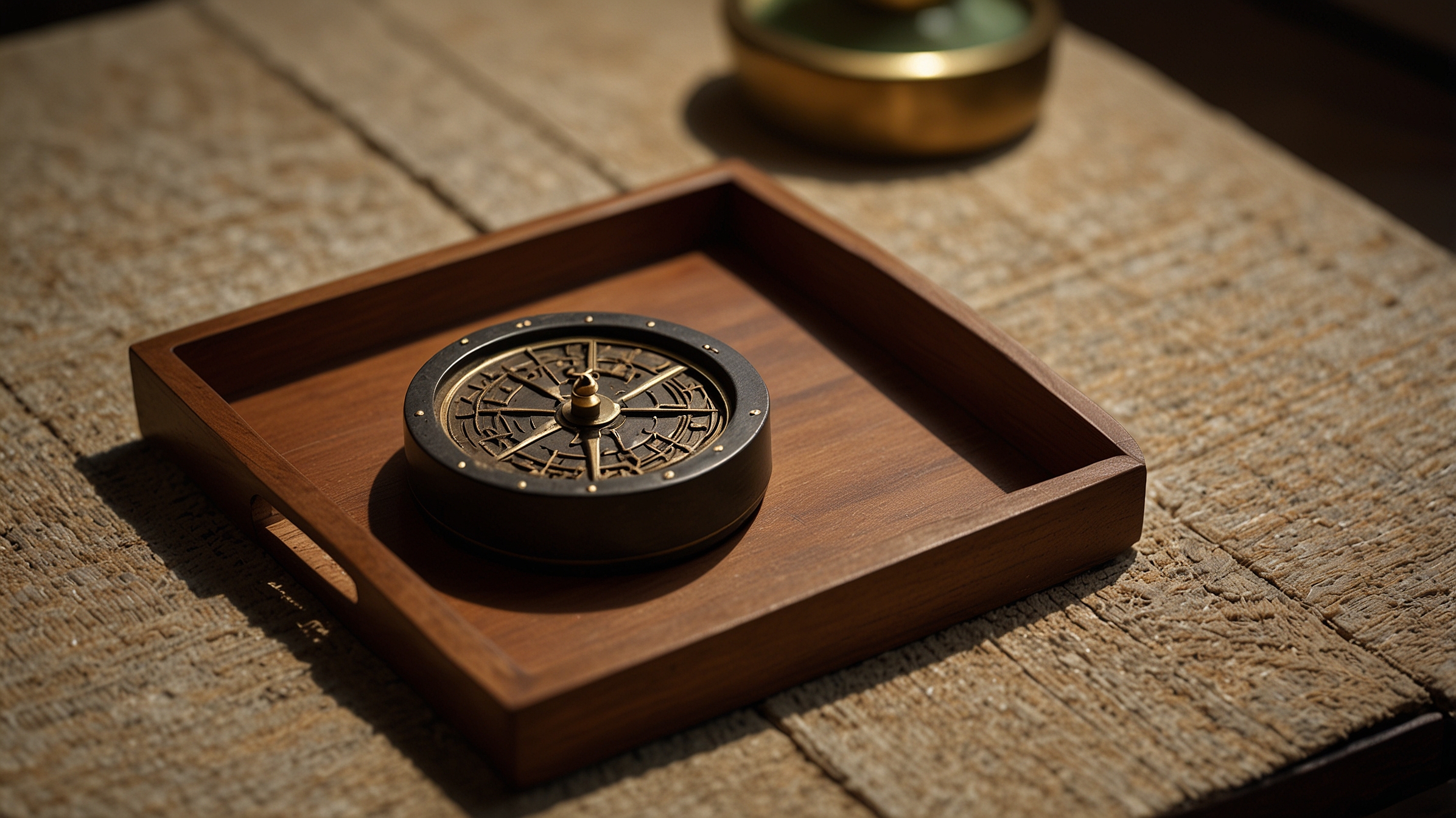 A traditional Japanese compass on a wooden tray for Obon purification rituals, symbolizing spiritual direction and ancestral guidance.