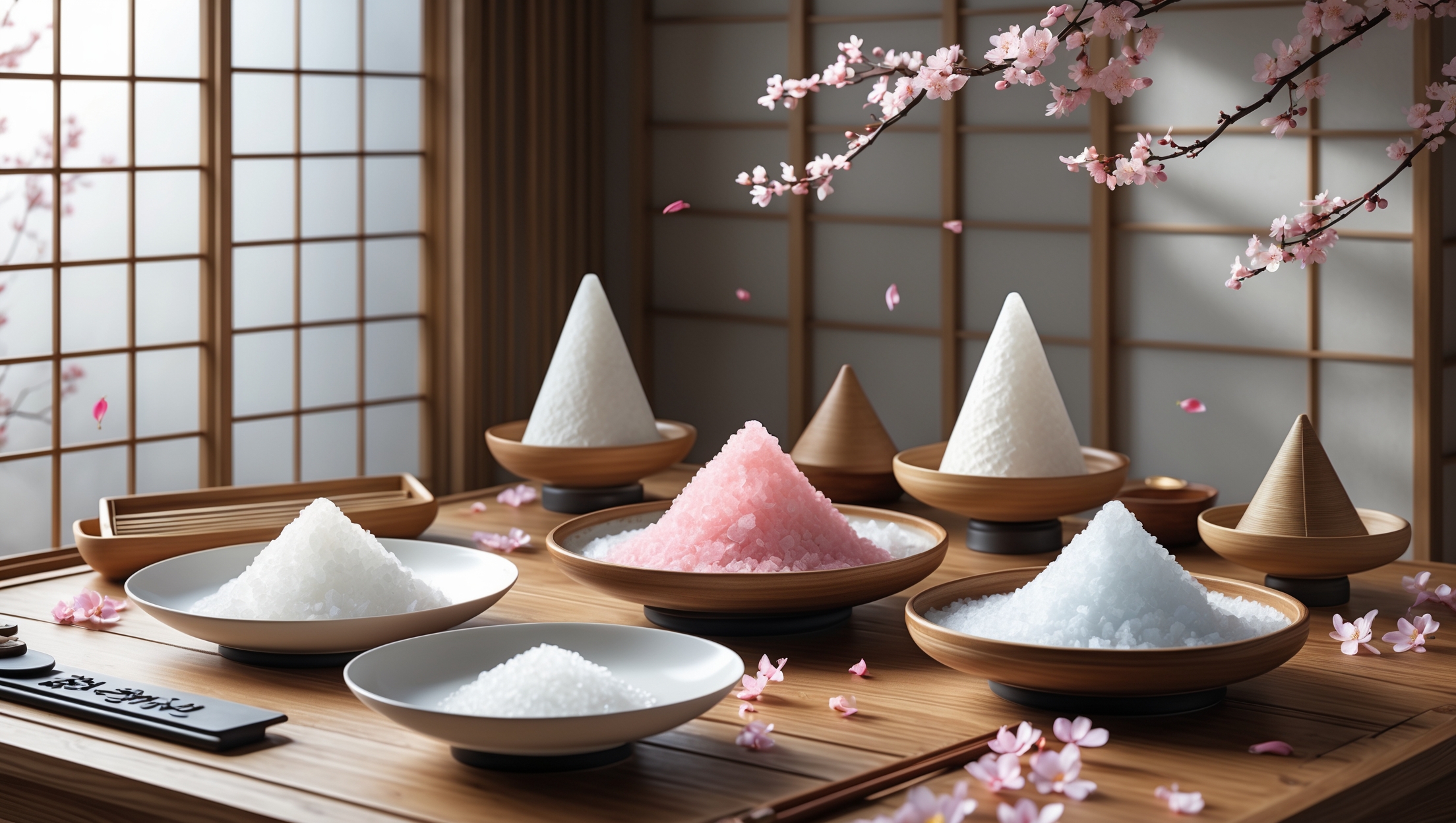 様々な盛り塩セットが並ぶ和風の室内。白やピンク、青の塩が美しく盛られ、桜の花びらが舞う