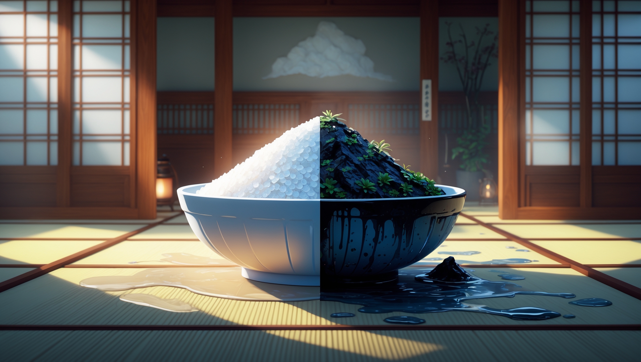 和室の中央に置かれた半分は美しい白い盛り塩、半分は黒く汚れた盛り塩が盛られた器。盛り塩の成功と失敗を象徴する対比的なイメージ。