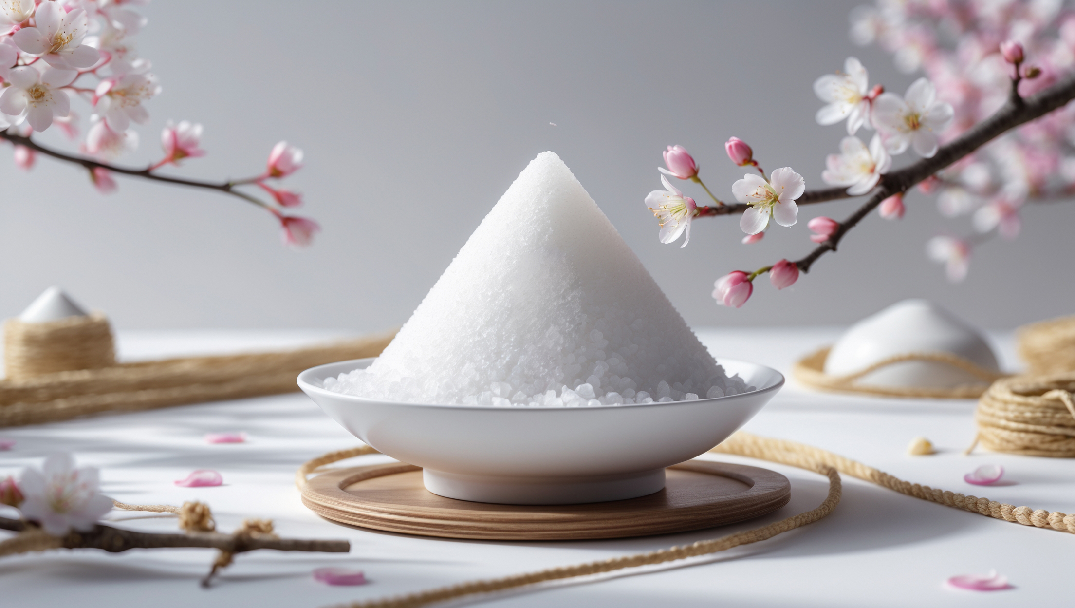 白い盛り塩の円錐と桜が映える日本のスピリチュアルな浄化シーン。風水や開運に効果的な伝統文化を象徴するイメージ。