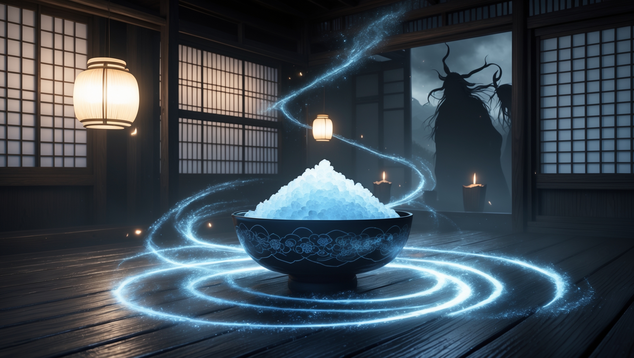Mystical Japanese room illuminated at night, a glowing bowl of salt radiating spiritual energy, protecting against shadowy yokai silhouettes