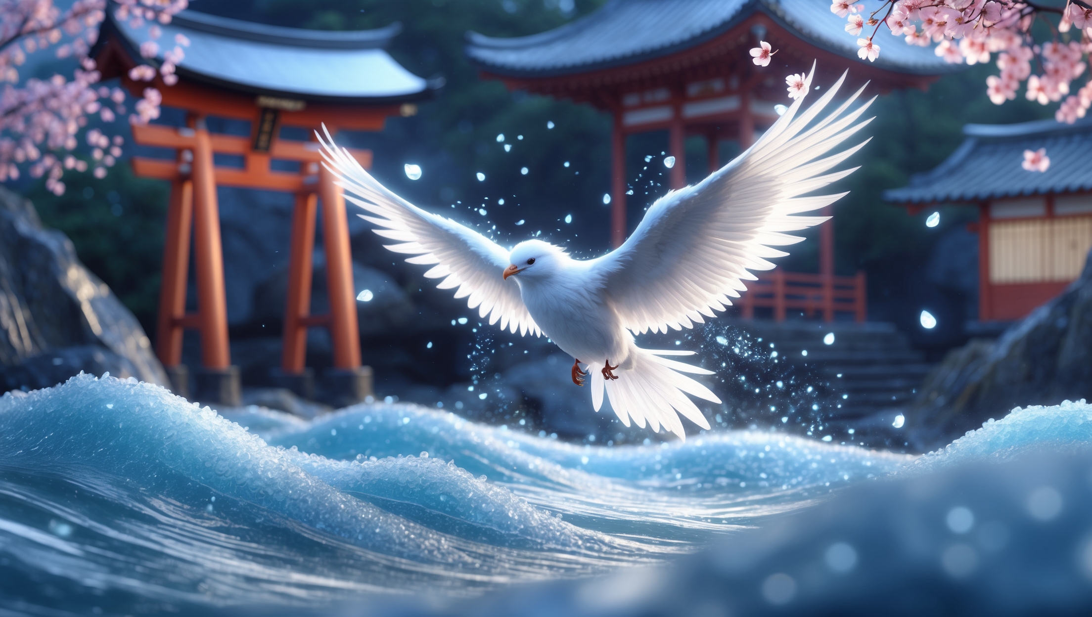 Mystical white bird soaring over blue ocean waves with Japanese torii gate and cherry blossoms, symbolizing Japanese salt legends and spiritual purification.