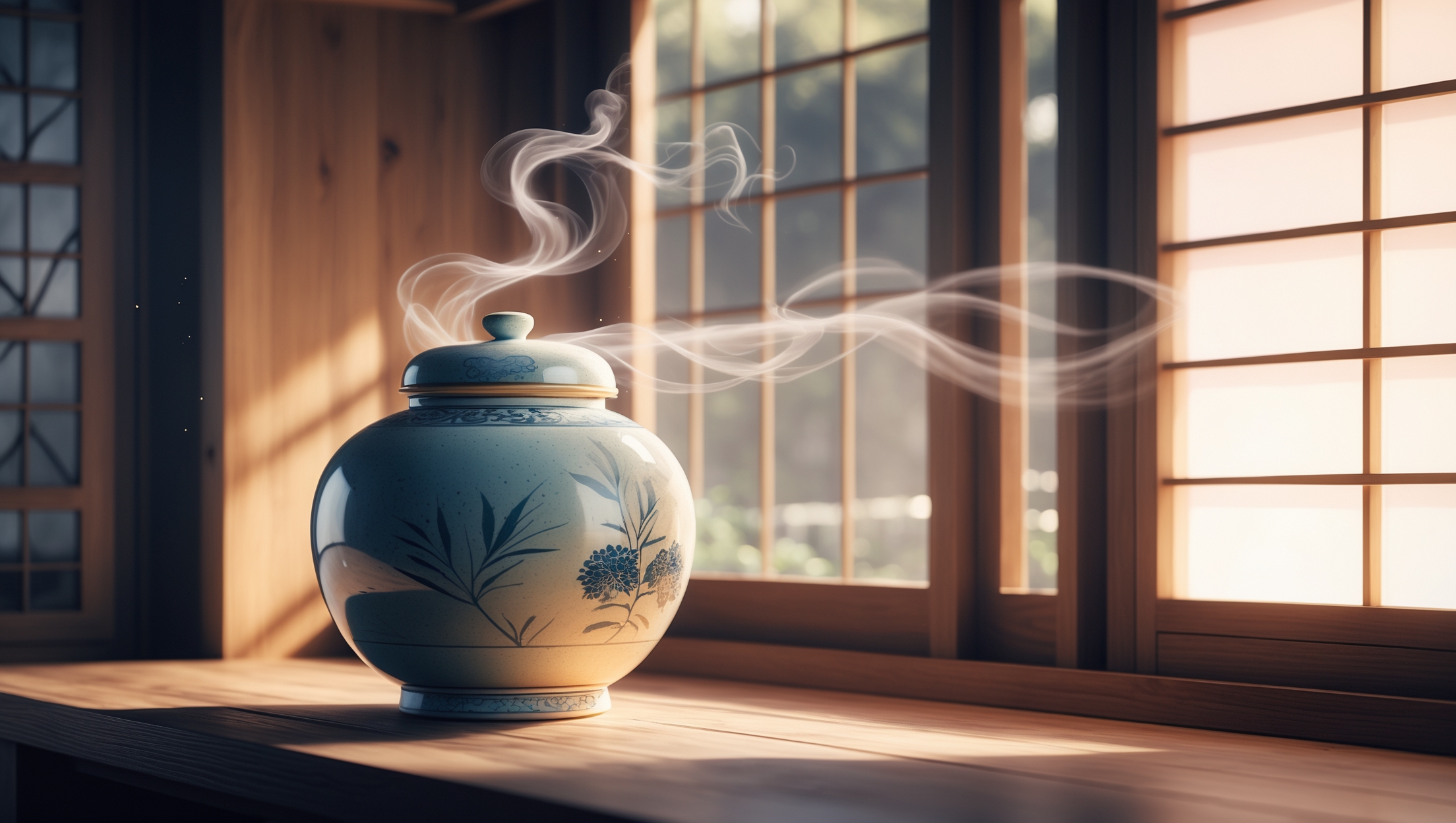 和室の木枠障子越しに柔らかな光が差し込む中、陶製の壺から幻想的に立ち昇る白い煙が漂う美しい情景。日本の伝統と神秘性を感じさせる静謐な雰囲気。