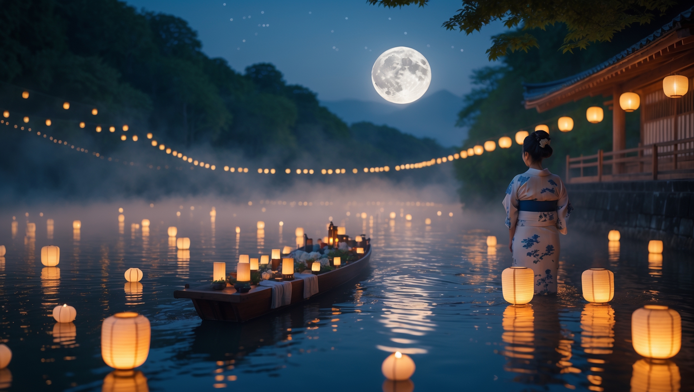 Traditional Japanese Obon festival boat ceremony with floating lanterns under full moonlight on a serene river.