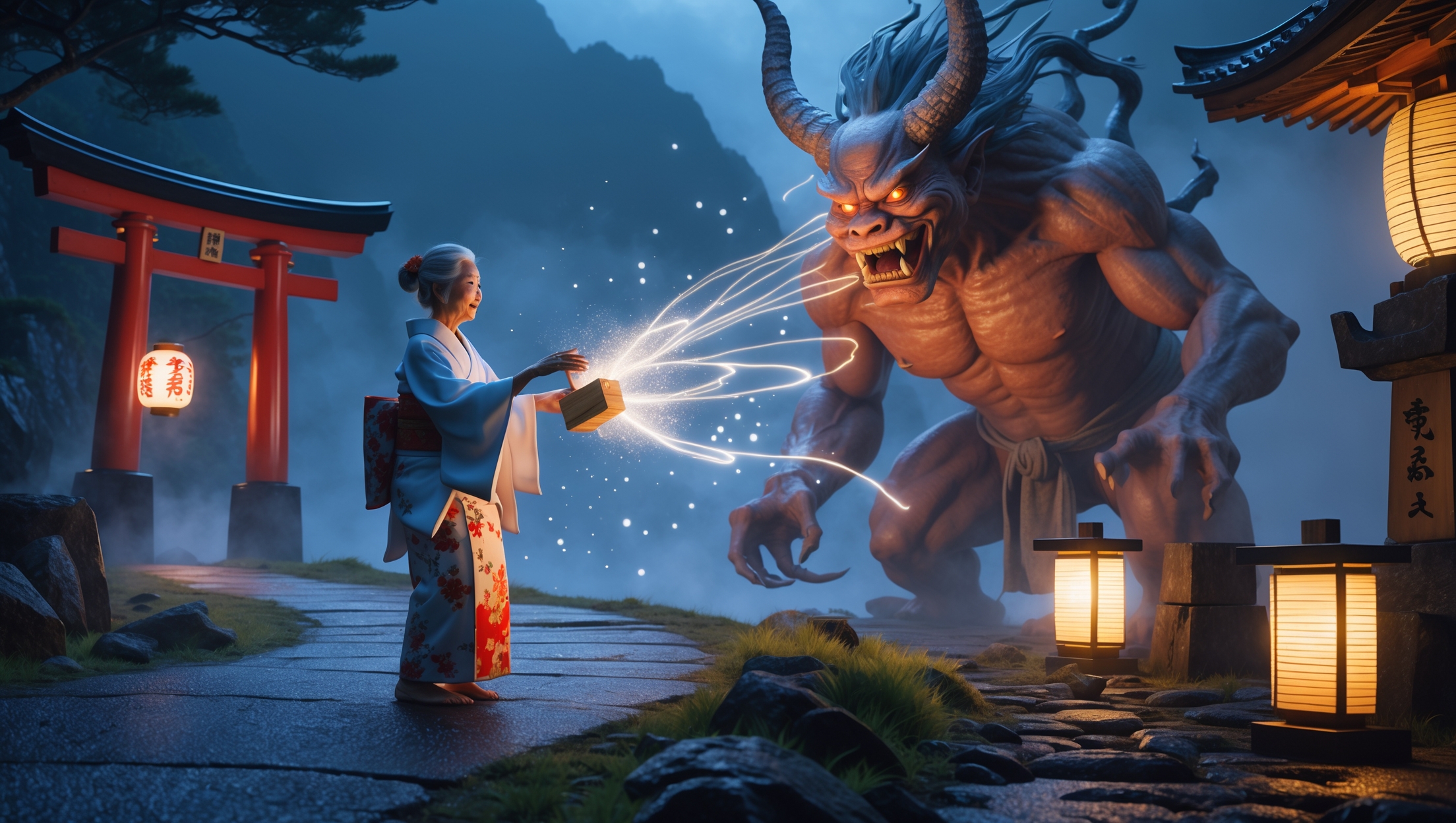 An elderly Japanese woman in traditional kimono wards off a giant red demon with glowing salt under a torii gate, in a mystical night scene of Japanese folklore.