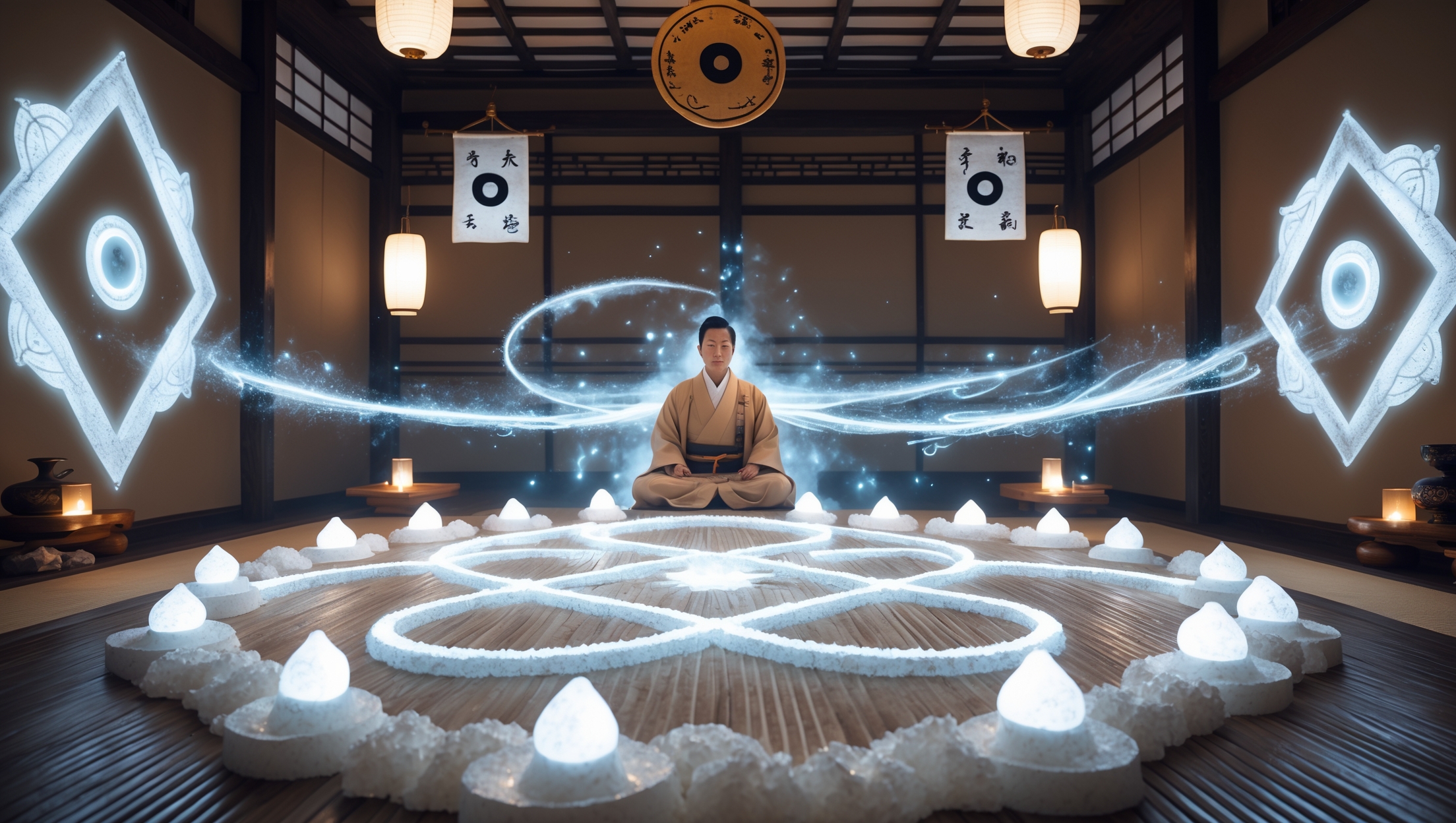Japanese Onmyodo practitioner performing salt barrier ritual for energy cleansing and spiritual protection