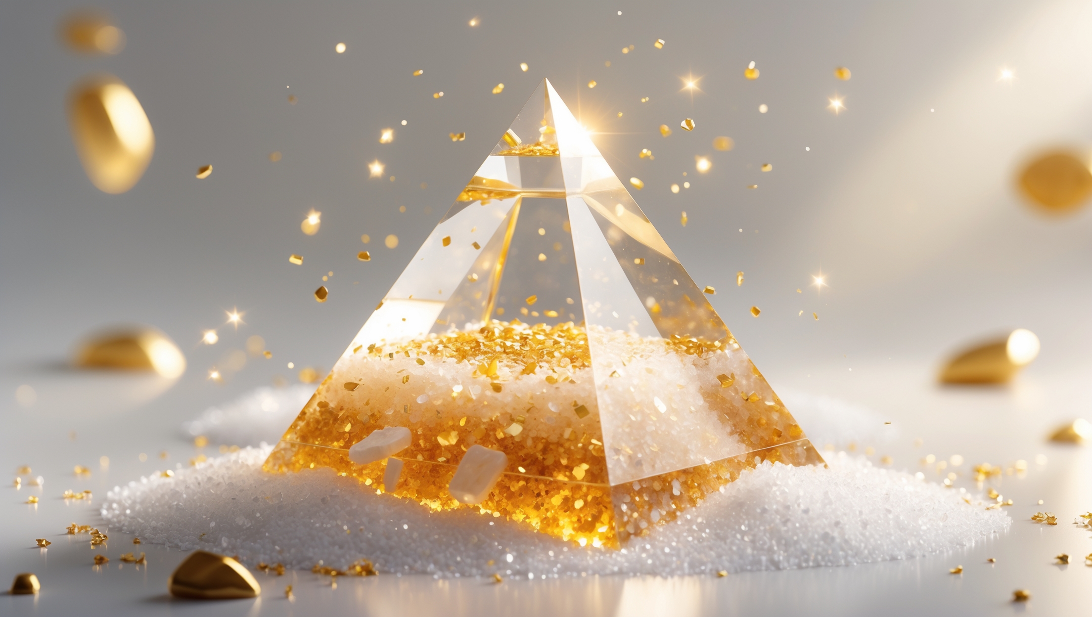 オルゴナイト盛り塩が金運を引き寄せるクリスタルピラミッドと金箔のイメージ