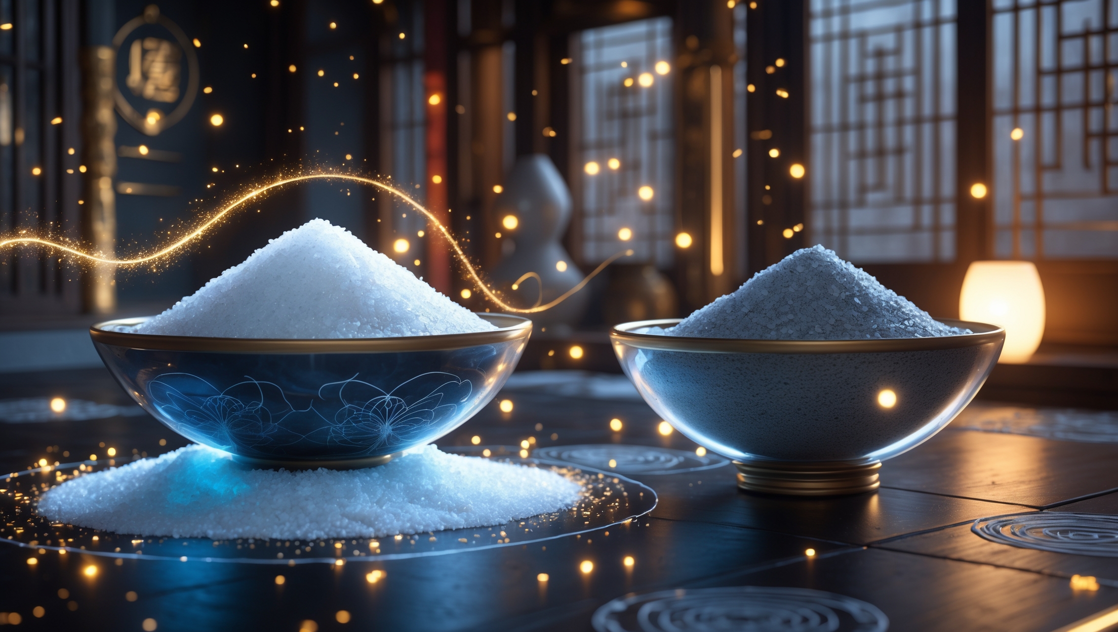 Comparison of premium natural salt and regular table salt in elegant bowls, symbolizing differences in spiritual energy and vibrations