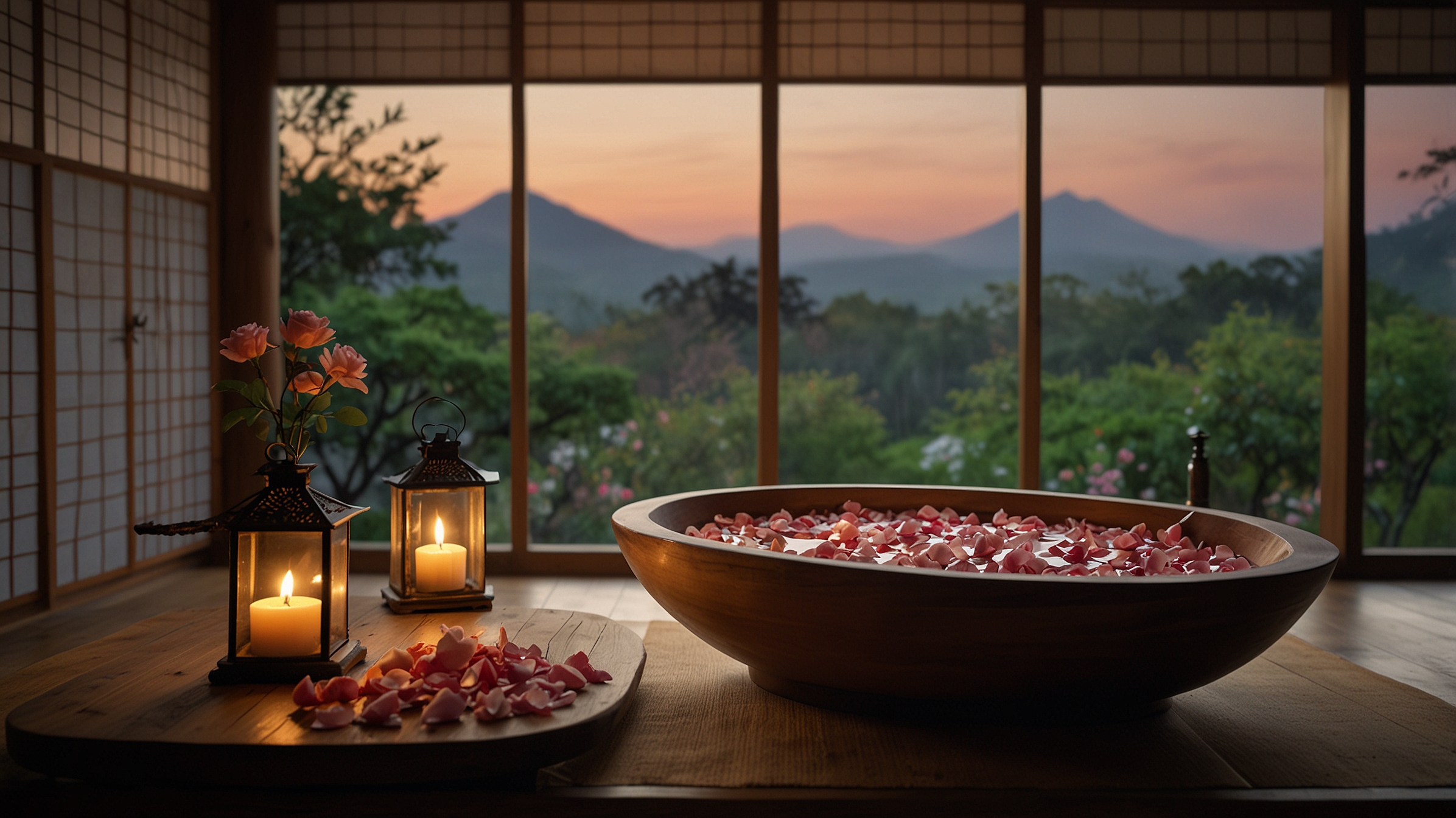 Romantic Japanese salt bath with rose petals and candlelight for boosting summer love luck