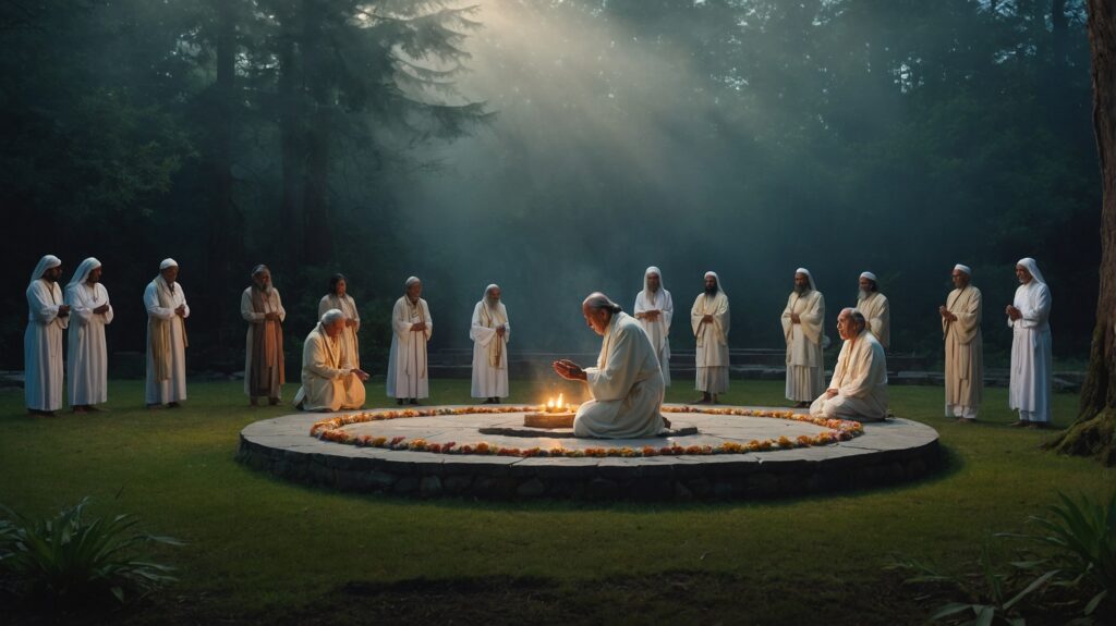 Sacred salt purification ritual in a circular formation under spiritual light