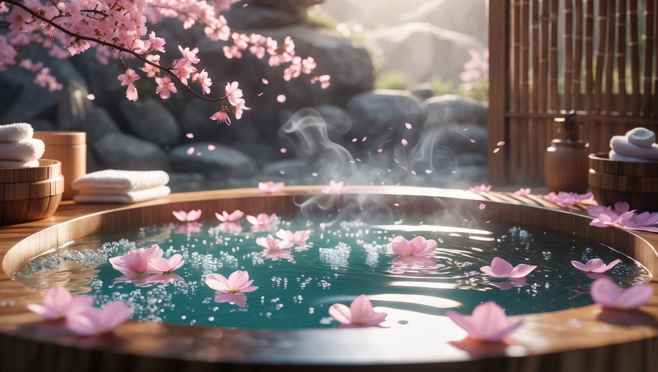 Japanese salt bath spa with steaming wooden tub, floating cherry blossoms, and soothing relaxation atmosphere for beauty and detox benefits.
