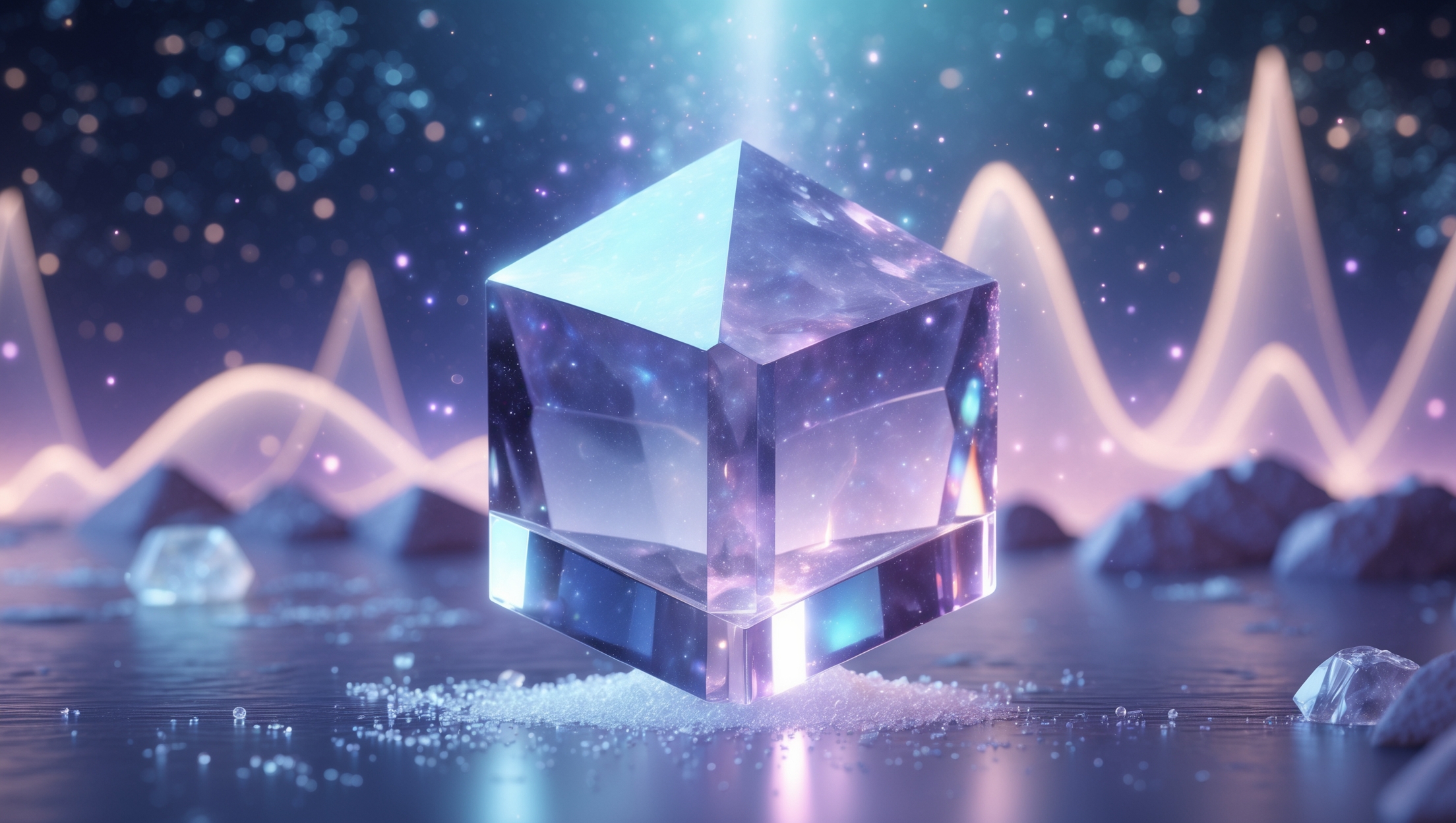 透明感あふれる立方体状の塩の結晶が、幻想的な光と星のような輝きに包まれた宇宙的な背景の中に浮かぶ様子を描いたデジタルアート