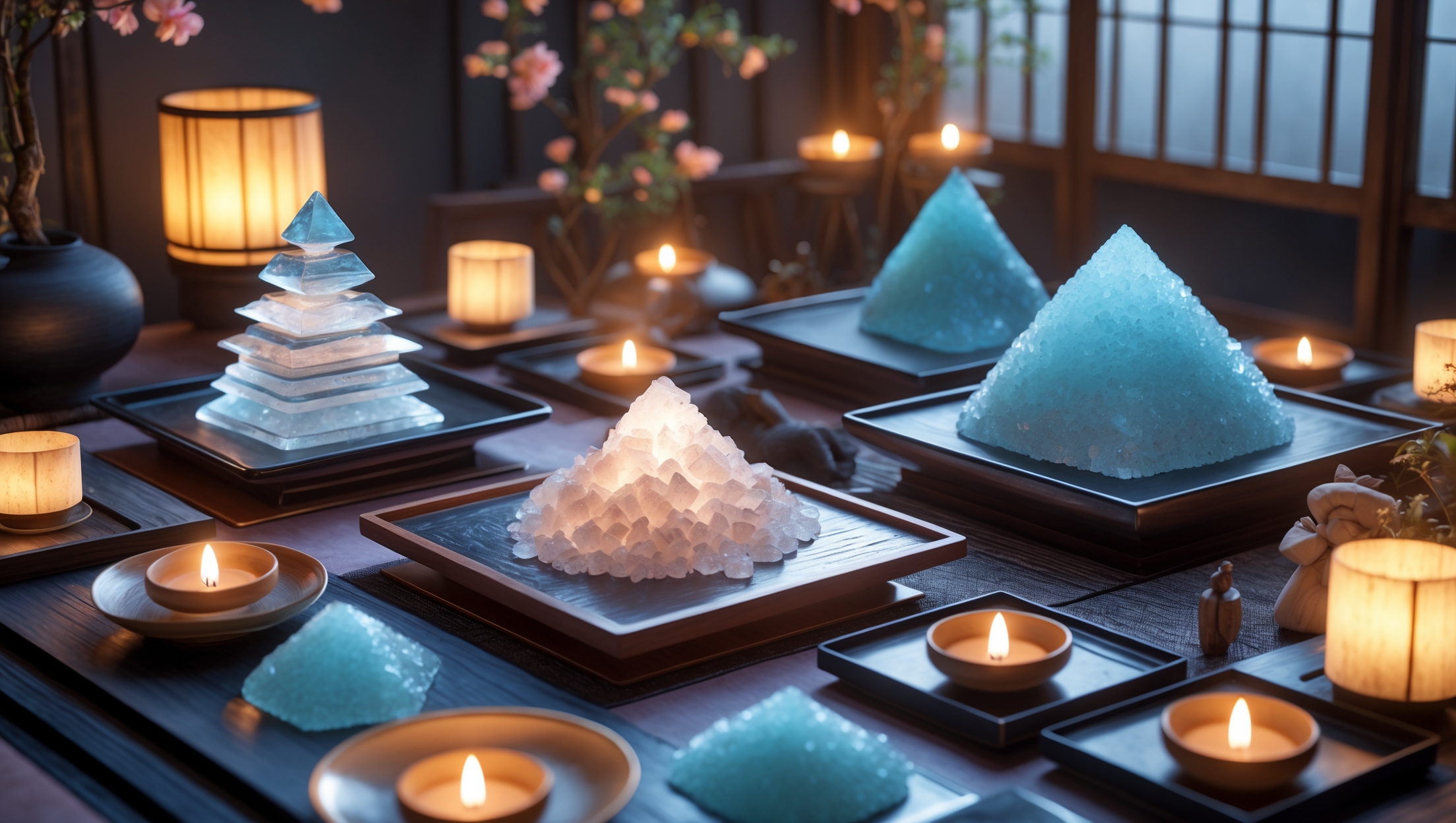 Various beautifully crafted salt crystal shapes in Japanese interior, symbolizing different Feng Shui and spiritual purification effects.
