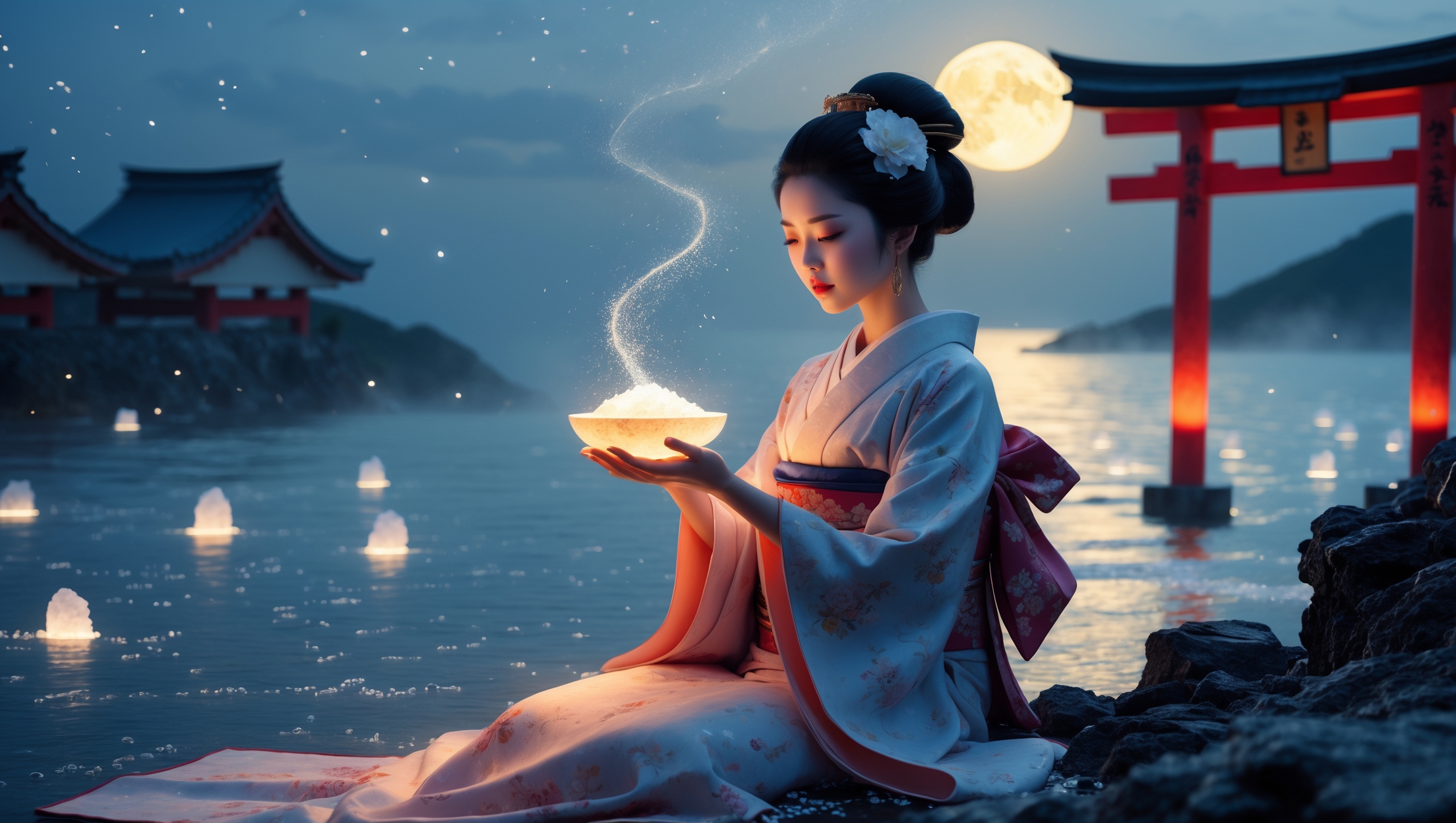 Japanese woman in elegant kimono holding glowing salt under full moon beside torii gate, evoking salt nyobo folklore.