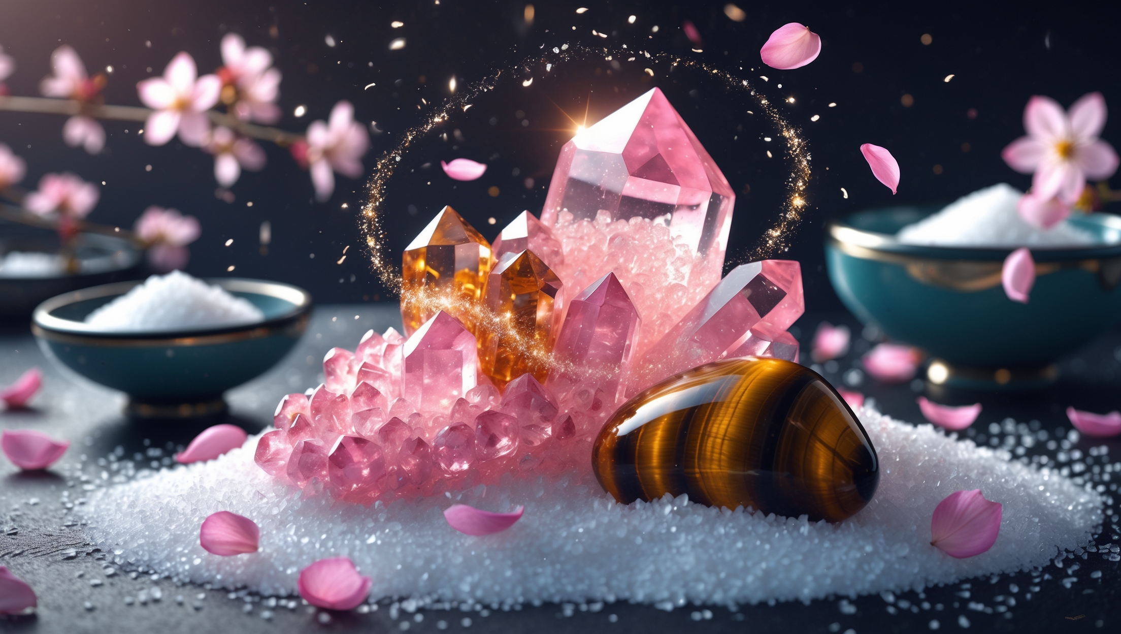 Rose quartz and tiger's eye power stones on white salt, symbolizing spiritual cleansing and good luck.