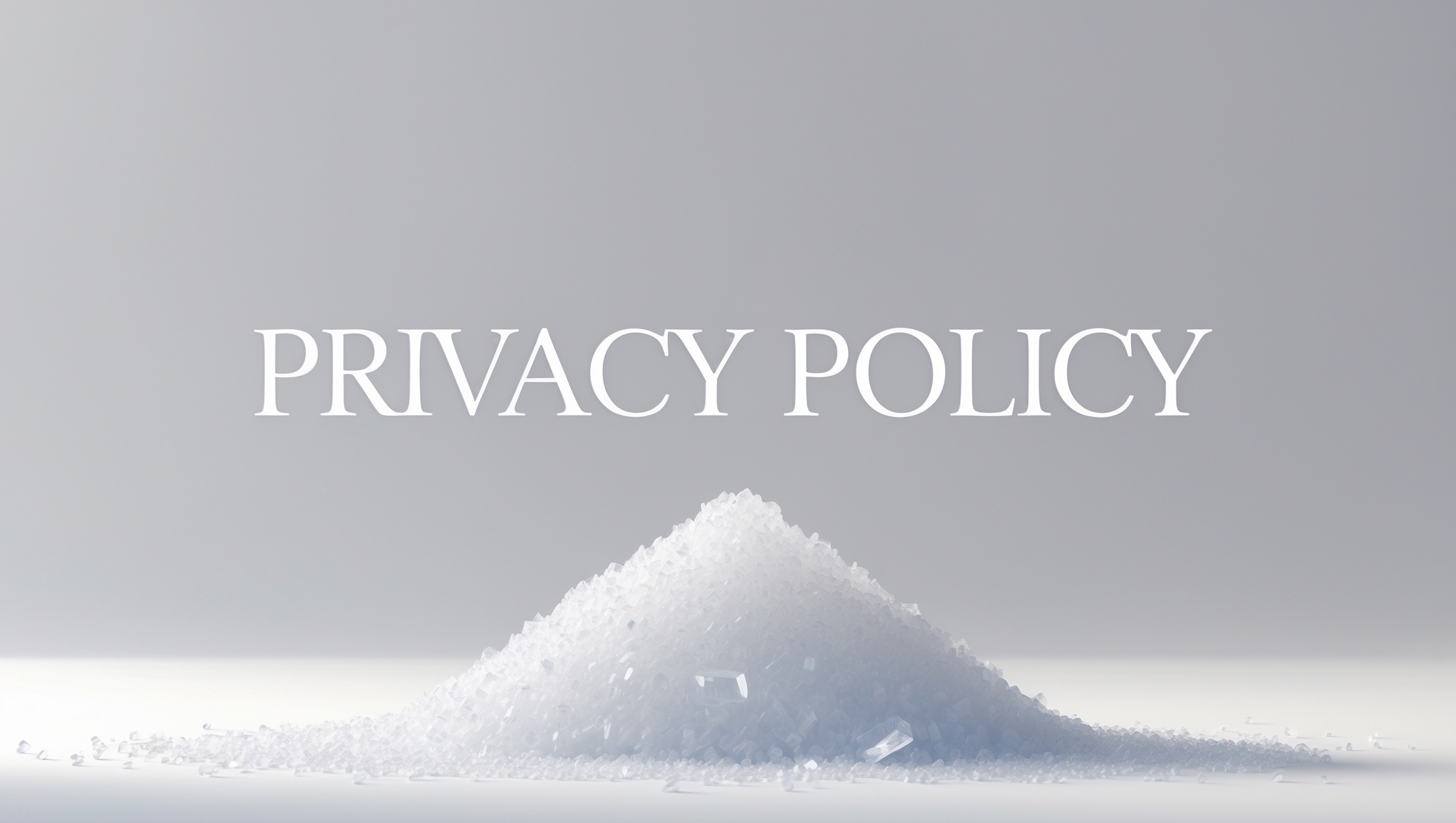 白い背景に塩の結晶がワンポイントで描かれ、中央に明朝体の文字でPrivacy Policyと書かれた、シンプルで清潔感のある縦長のアイキャッチ画像。