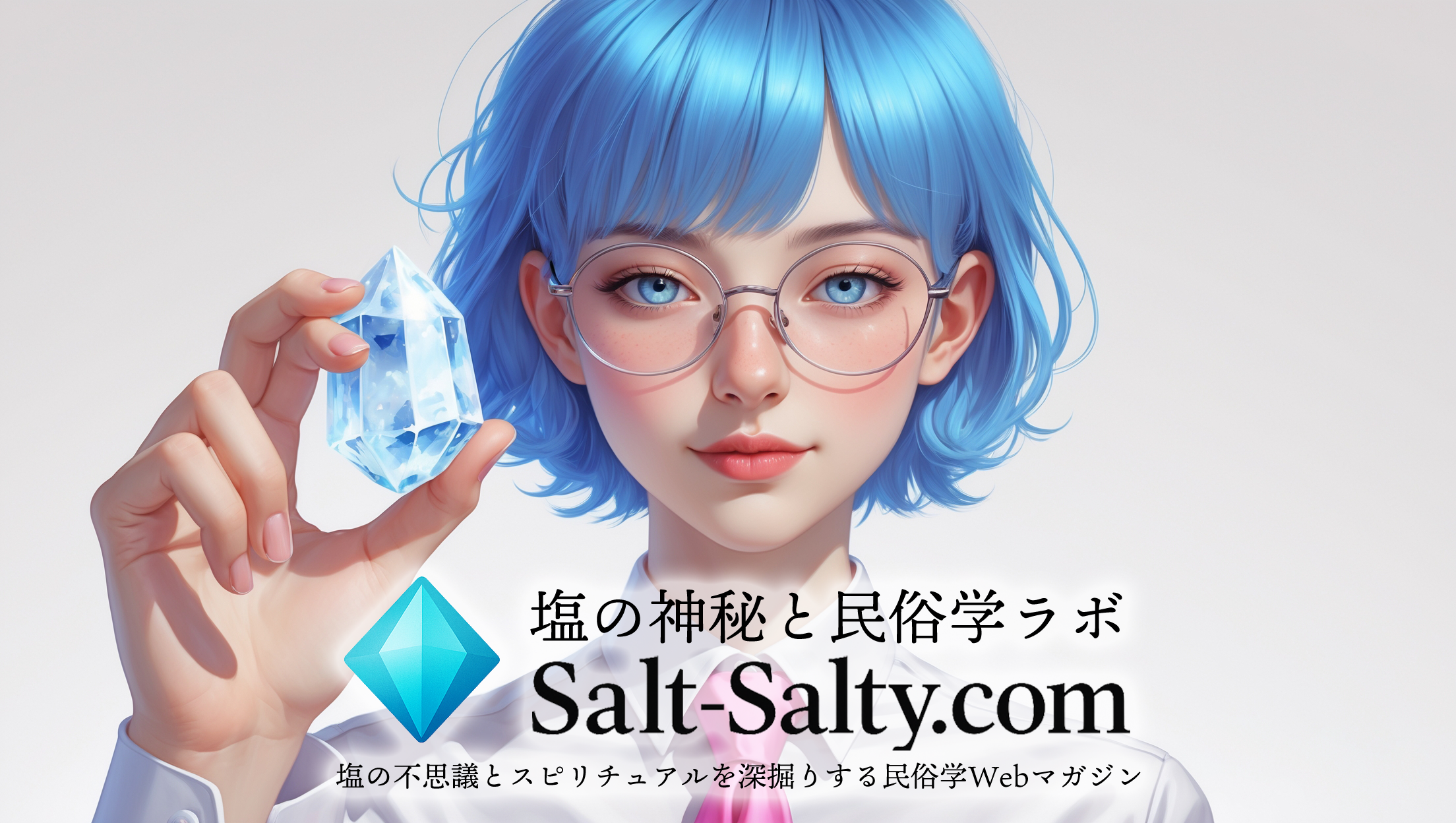 青いショートヘアに銀縁メガネをかけたSalt-Salty.com運営者renのプロフィール画像。白いシャツにピンクのネクタイを着用し、塩の結晶を持って微笑んでいる。