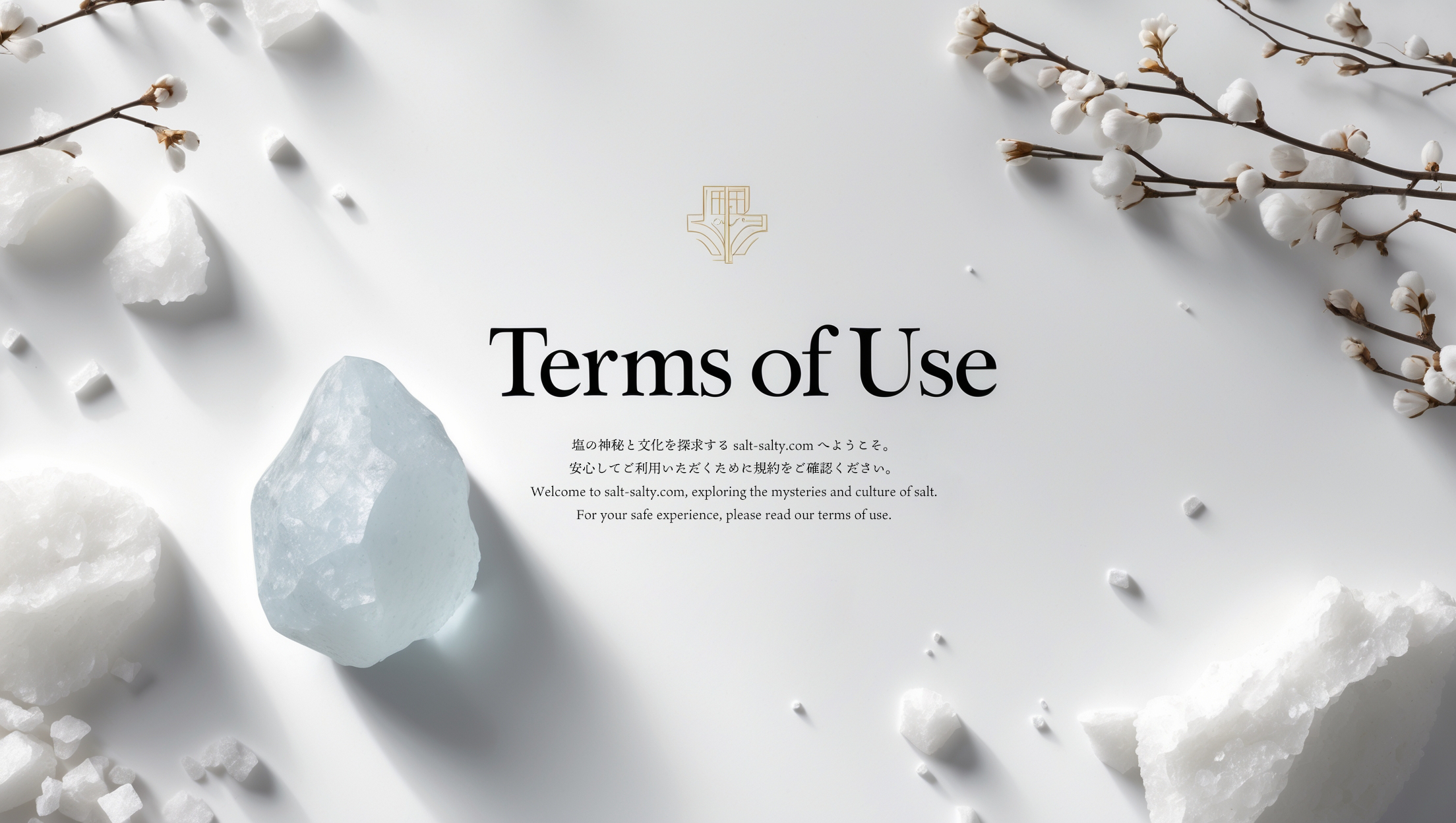 白い背景に塩の結晶がワンポイントで描かれ、中央に明朝体で「Terms of Use」と書かれた、salt-salty.comの利用規約ページ用アイキャッチ画像。
