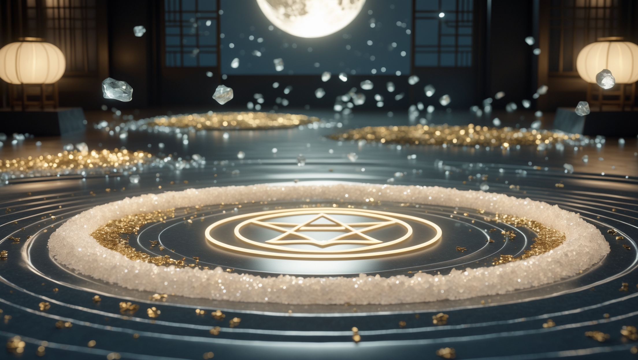 A luxurious Japanese-style interior under full moonlight, featuring a glowing pentagram salt barrier surrounded by shimmering gold and white crystals, symbolizing the fusion of Onmyodo and Feng Shui in modern spiritual purification rituals.