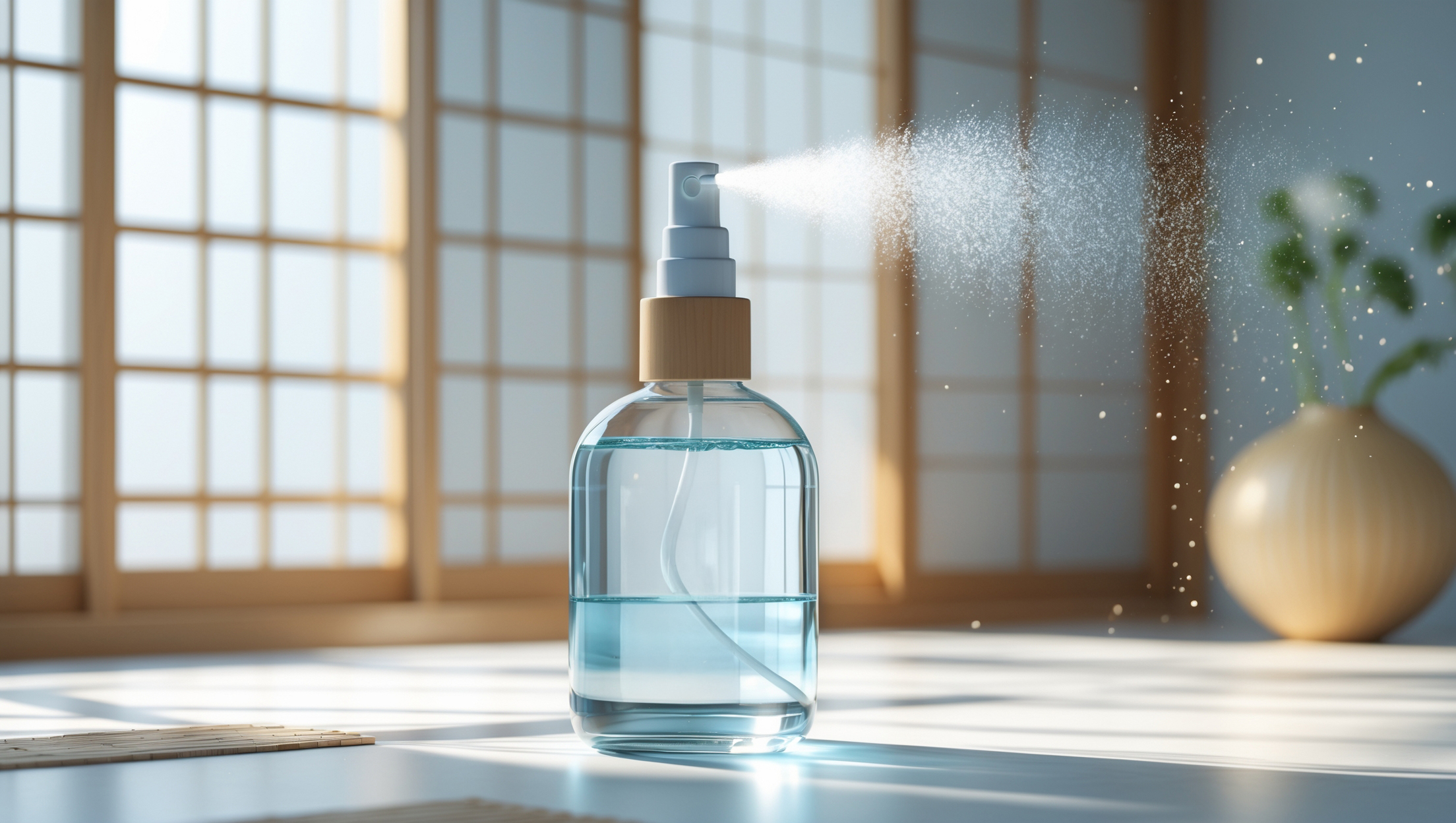 透明ボトルの塩スプレーが和モダンな部屋で噴霧される様子