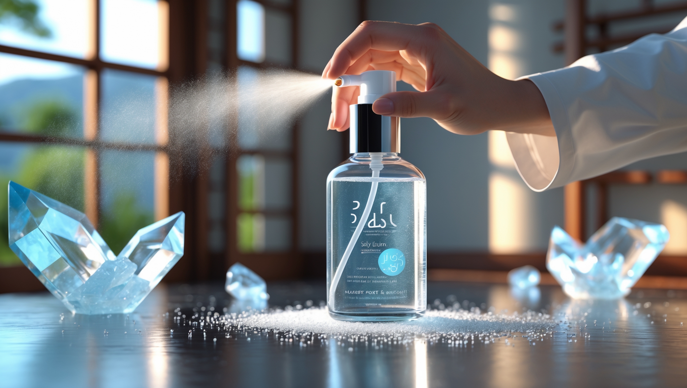 Close-up of a modern salt spray bottle being used, surrounded by shining salt crystals on a sleek table, symbolizing purification and cleansing effects.