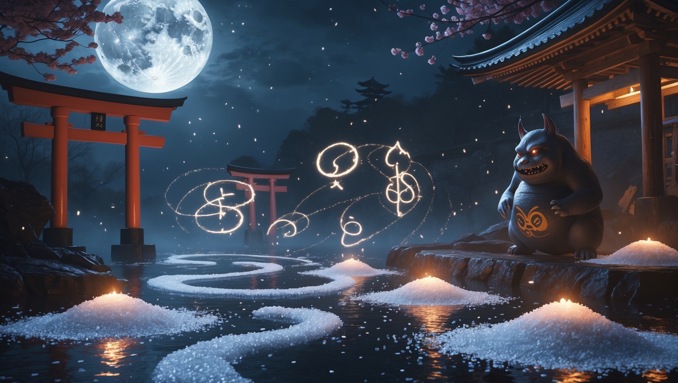 Mystical Japanese scene of salt exorcism against yokai under a full moon, glowing salt patterns and torii gates creating a supernatural atmosphere.