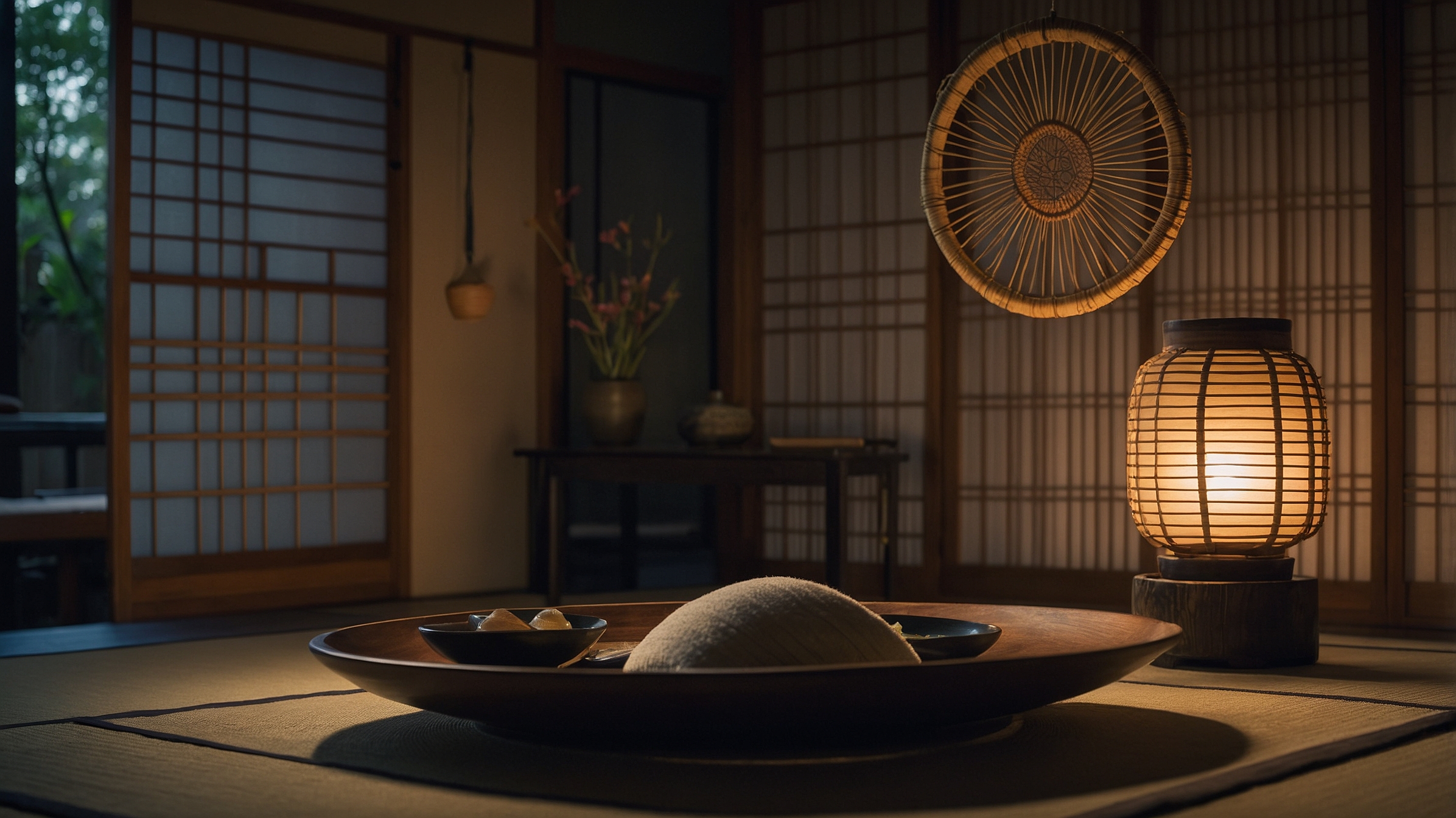 Tranquil Japanese bedroom with salt cleansing ritual setup and warm lantern lighting