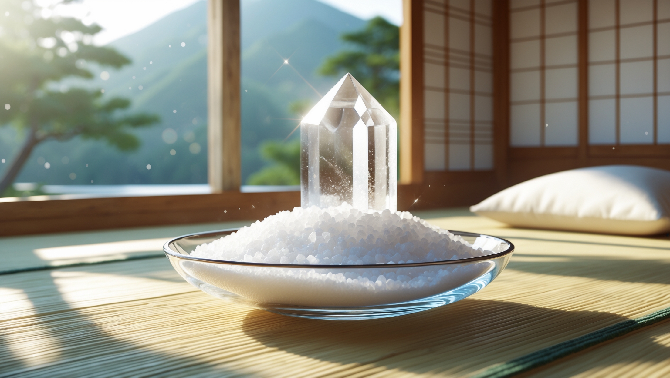 透明な水晶ポイントが天然塩の上に置かれた浄化セット。和室の畳の上にガラス皿が置かれ、外には緑豊かな山々が見える。自然光が差し込み、水晶が輝いている様子。