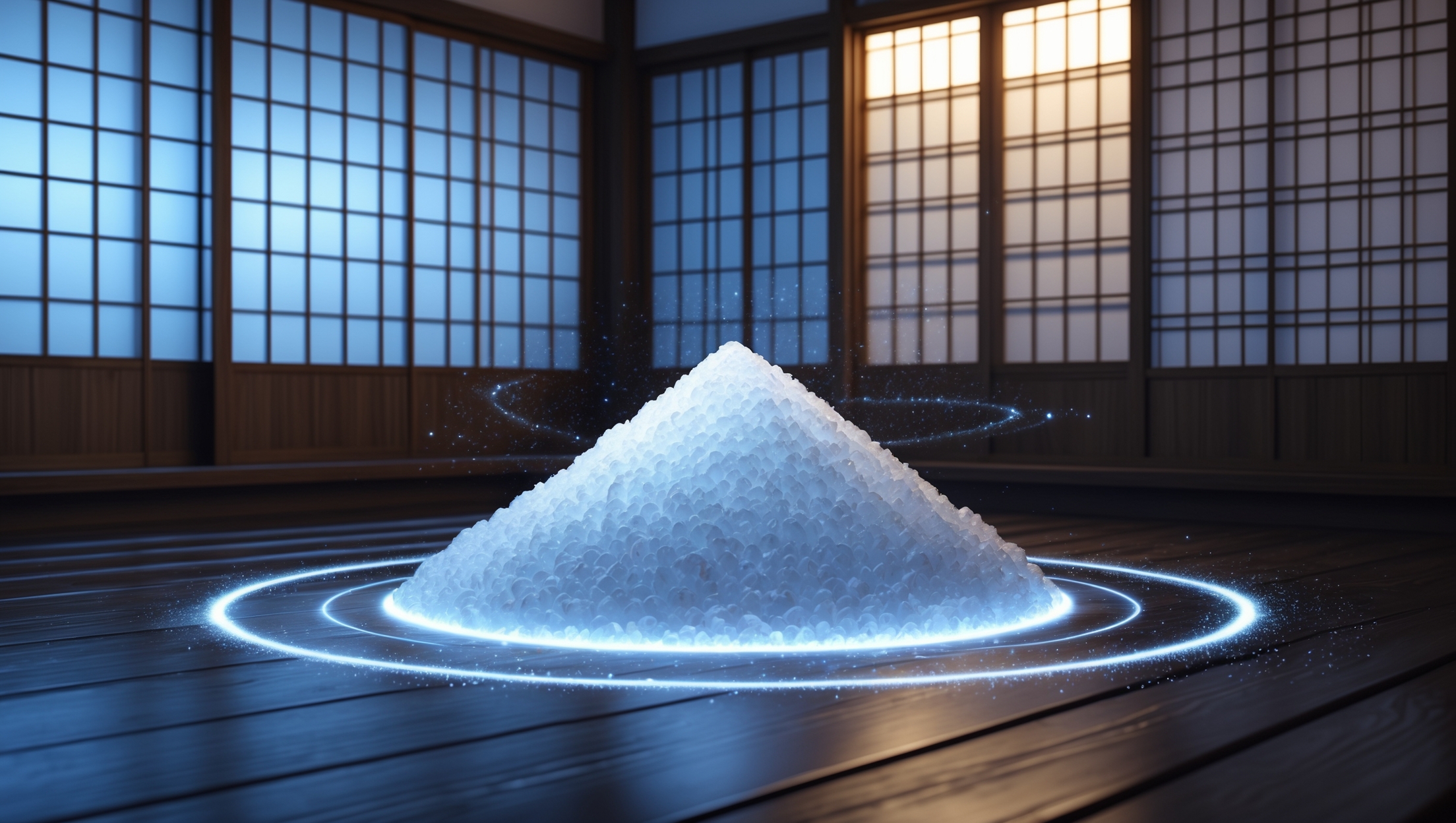 和風の薄暗い室内に置かれた盛り塩の山が、青白い光のリングに包まれて神秘的に輝いている様子を写した写真。塩の粒がきらめき、浄化や波動をイメージさせる雰囲気。