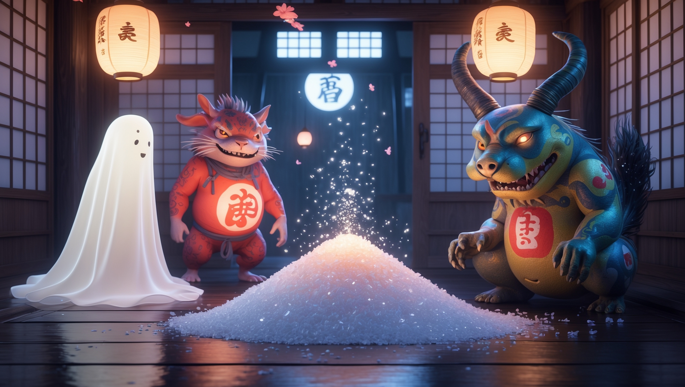 幽霊とカラフルな妖怪が伝統的な和室で塩の盛り塩を囲む光景。塩の山からは光の粒が舞い上がり、神秘的な雰囲気が漂う。