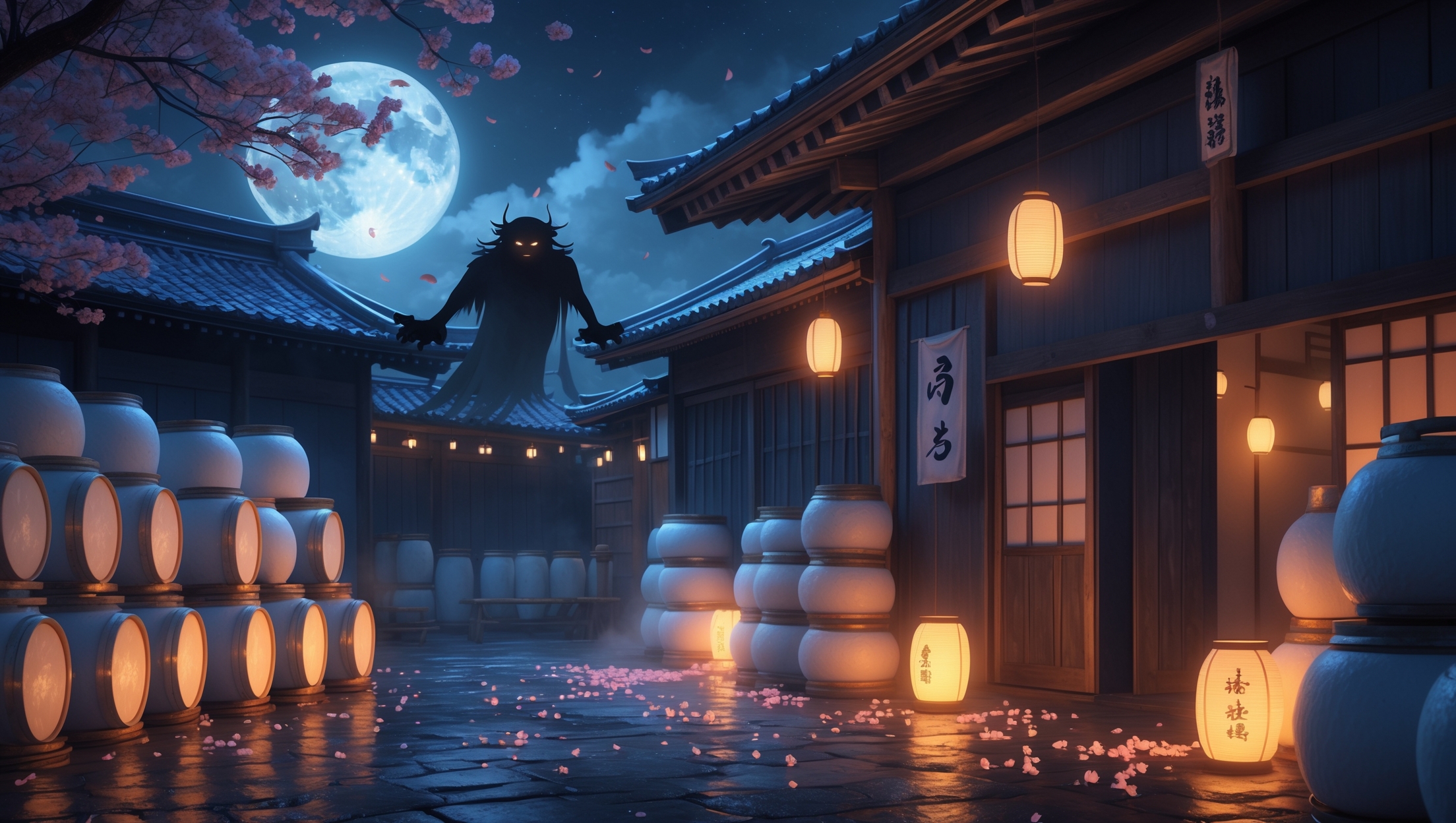 Japanese salt merchant district haunted by yokai under full moon, Edo period folklore concept art
