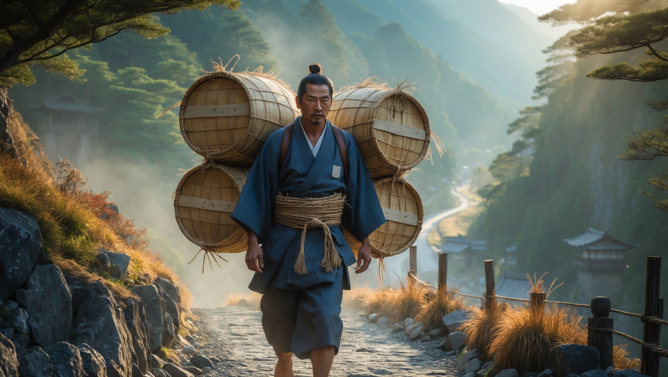 Salt carriers, known as bokka, transporting heavy barrels along Japan’s historic salt road through mountain paths in scenic morning light.