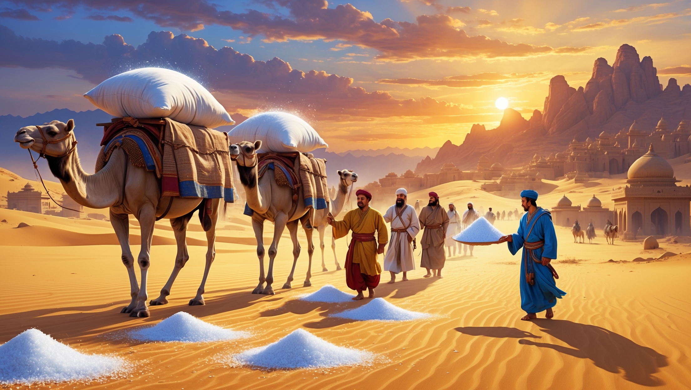 砂漠のシルクロードを行くラクダの隊商と、白い塩を取引する商人たち。背景には山々と壮麗な宮殿が夕日に輝き、交易の歴史と文化の息吹が感じられる。