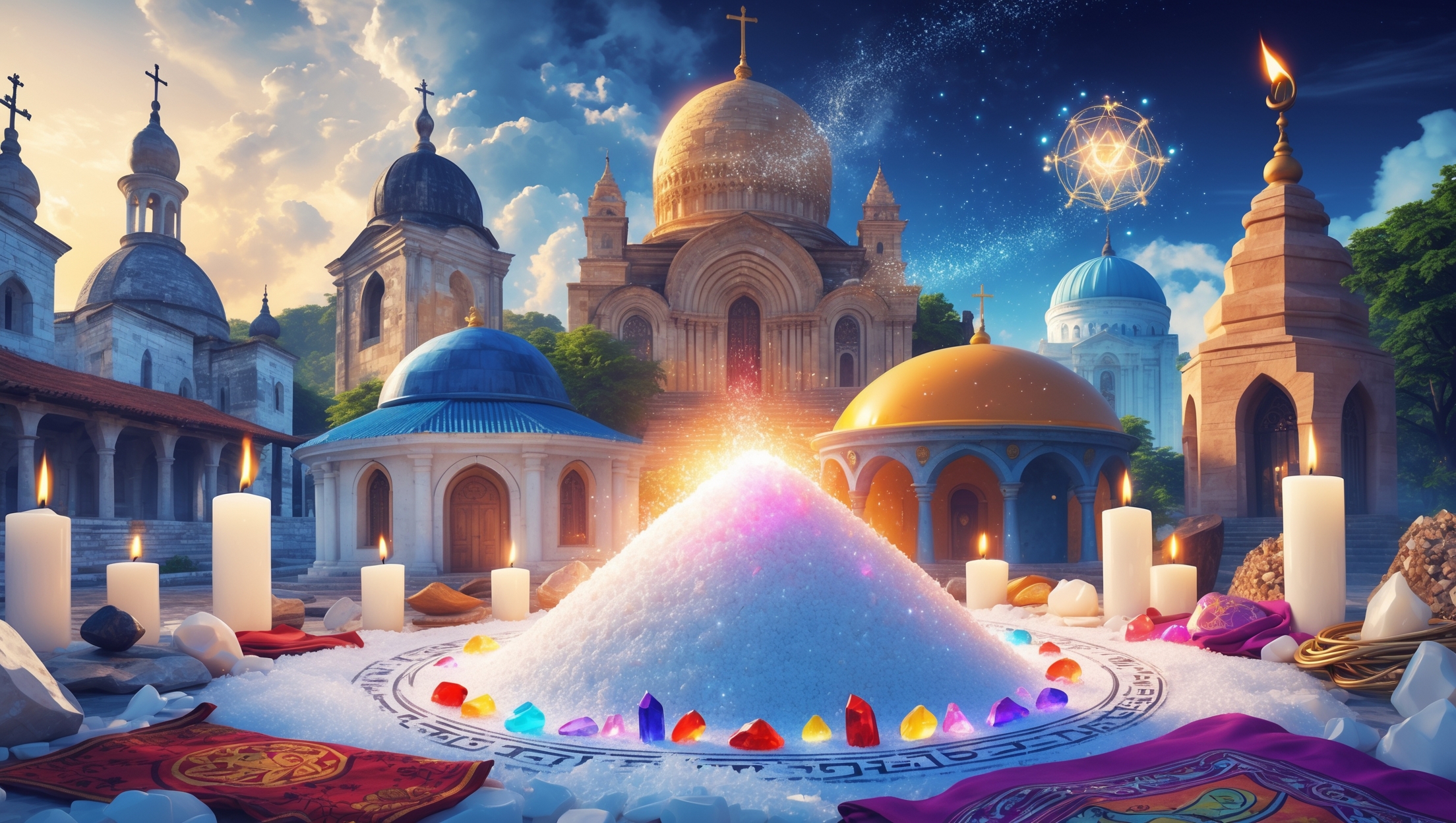 世界各国の寺院や聖堂を背景に、中央に盛られた白い塩の山とカラフルな宝石、キャンドルが並ぶ神秘的な浄化儀式のイメージ