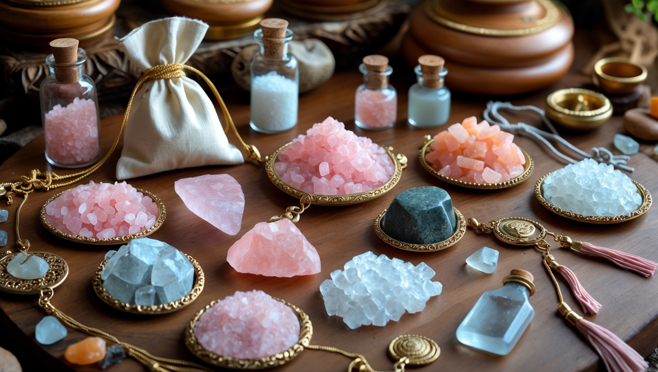 色とりどりの塩の結晶や原石が美しく並んだ世界の開運お守りグッズ。小瓶や袋、ゴールドの装飾皿に盛られたピンクや白、青の塩が並び、高級感と神秘性を演出している。