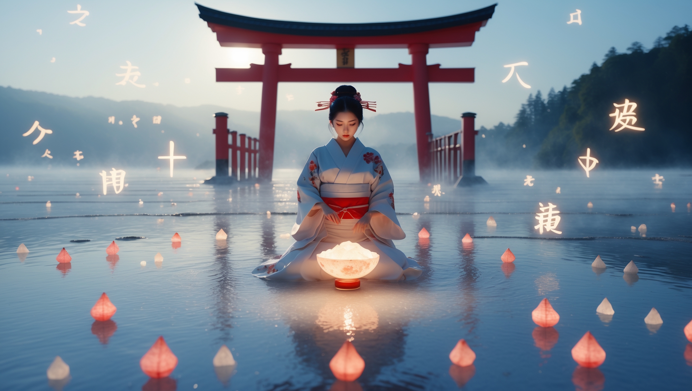 Japanese shrine maiden performing a mystical salt ritual at dawn, surrounded by floating Kanji symbols and a red torii gate, symbolizing Shinto divine traditions and salt-making deities.