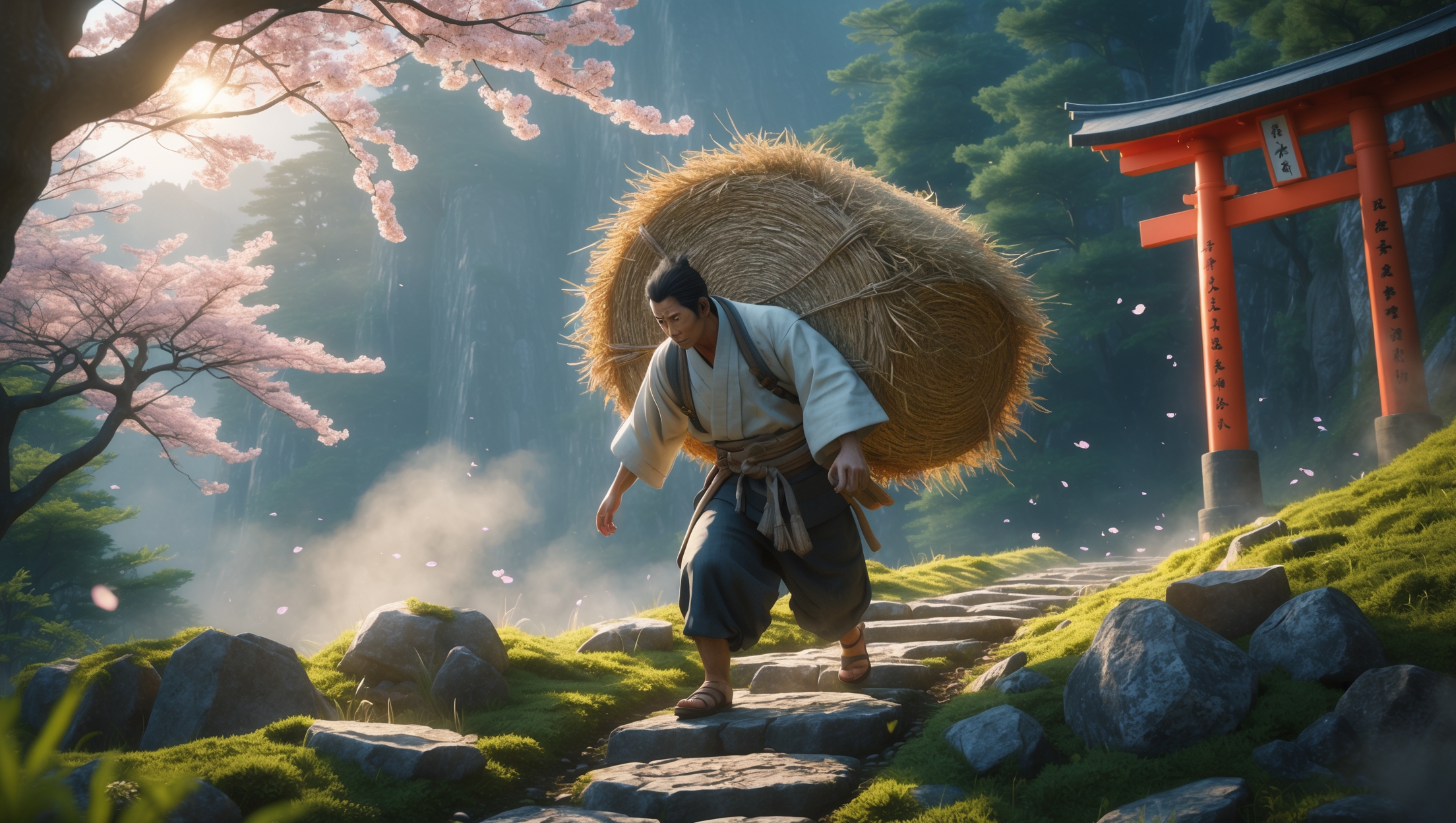 Japanese salt carrier on the historic Salt Road, walking under cherry blossoms and torii gate in scenic mountain landscape, symbolizing Japan's cultural heritage and ancient trade routes.