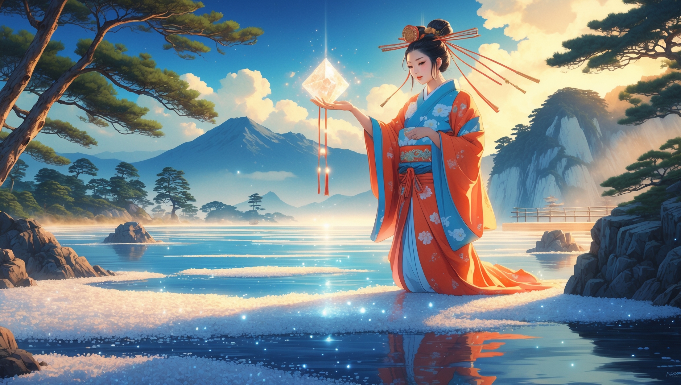 海辺に立つ華やかな着物姿の女性が、大きな塩の結晶のような光るオブジェを手に持つ様子。松の木や青い海、遠景には山が広がり、神秘的かつ幻想的な雰囲気を演出している和風の美麗イラスト。