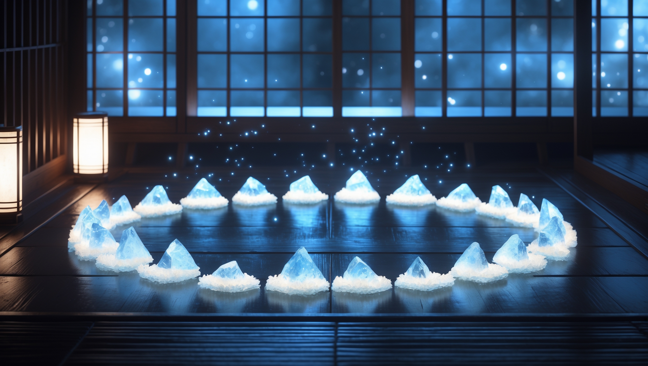 和室の黒い床に青白く輝く塩の結晶を円形に並べた結界が置かれ、幻想的な光が漂うスピリチュアルな空間