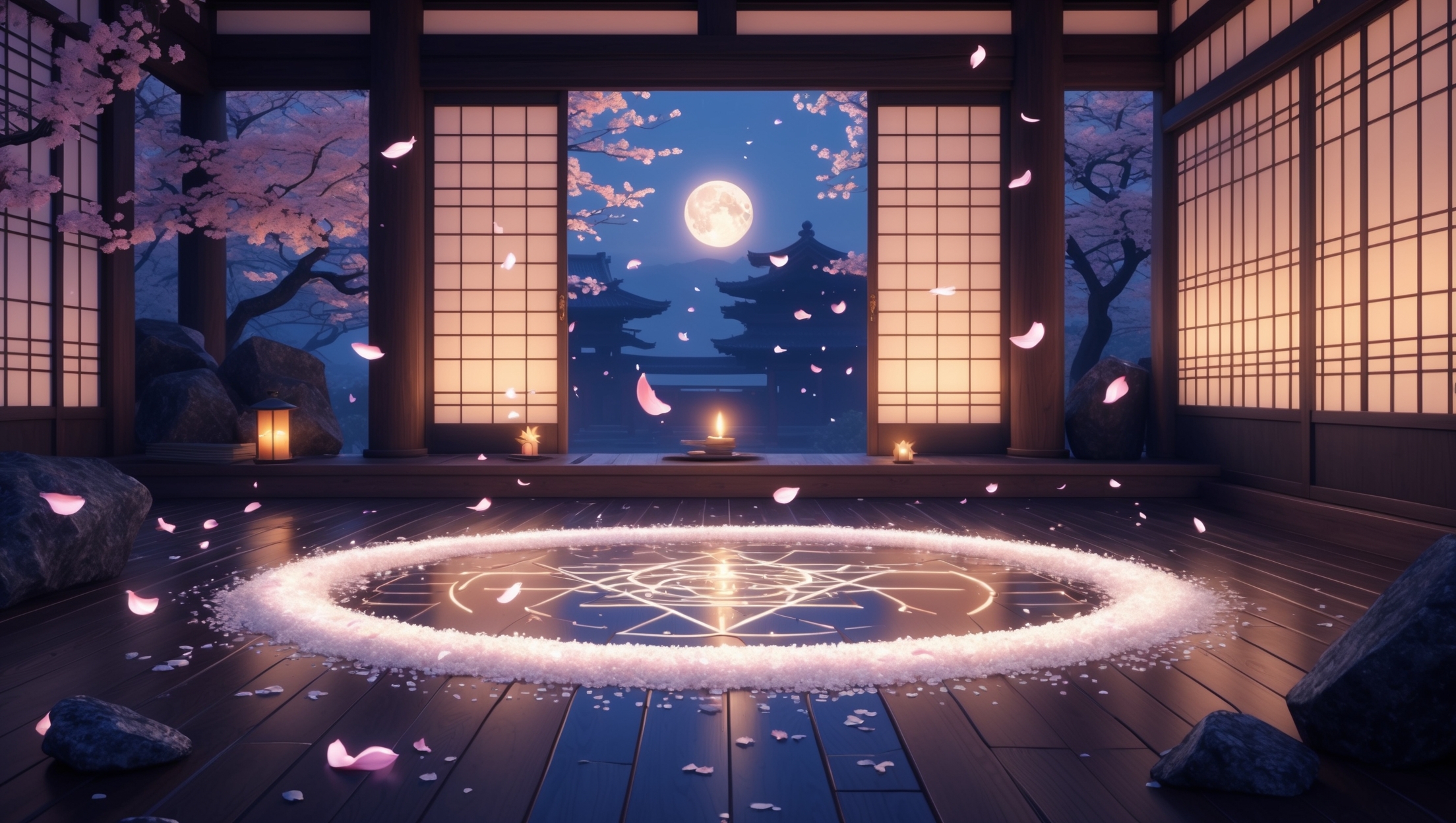 和室の床に塩で描かれた魔法陣と、満月が輝く夜景、舞い散る桜の花びら