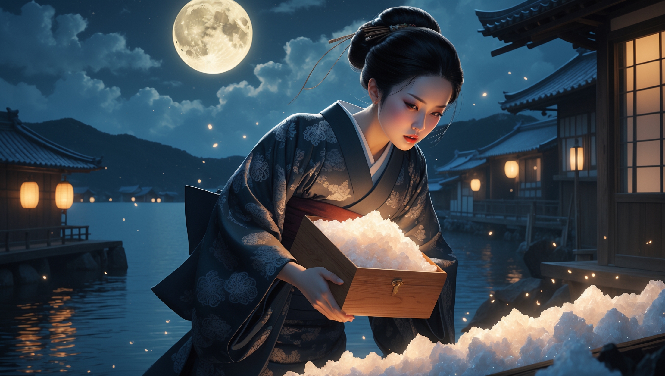 江戸時代風の着物姿の女性が、満月の下、木箱に入った塩を運ぶ様子。夜の水辺の町並みが背景に広がり、神秘的な光が塩を照らしている。