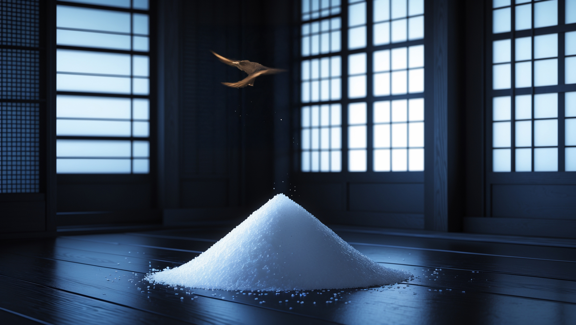 暗い和室の中央に置かれた白い盛り塩が、青白い光の中で神秘的に輝いている様子