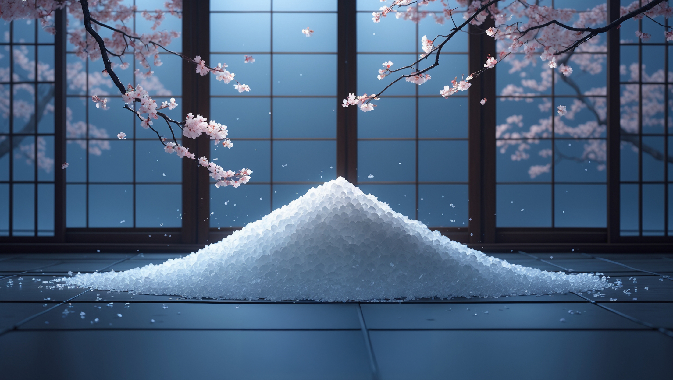 桜が舞う和室に置かれた盛り塩の美しい山