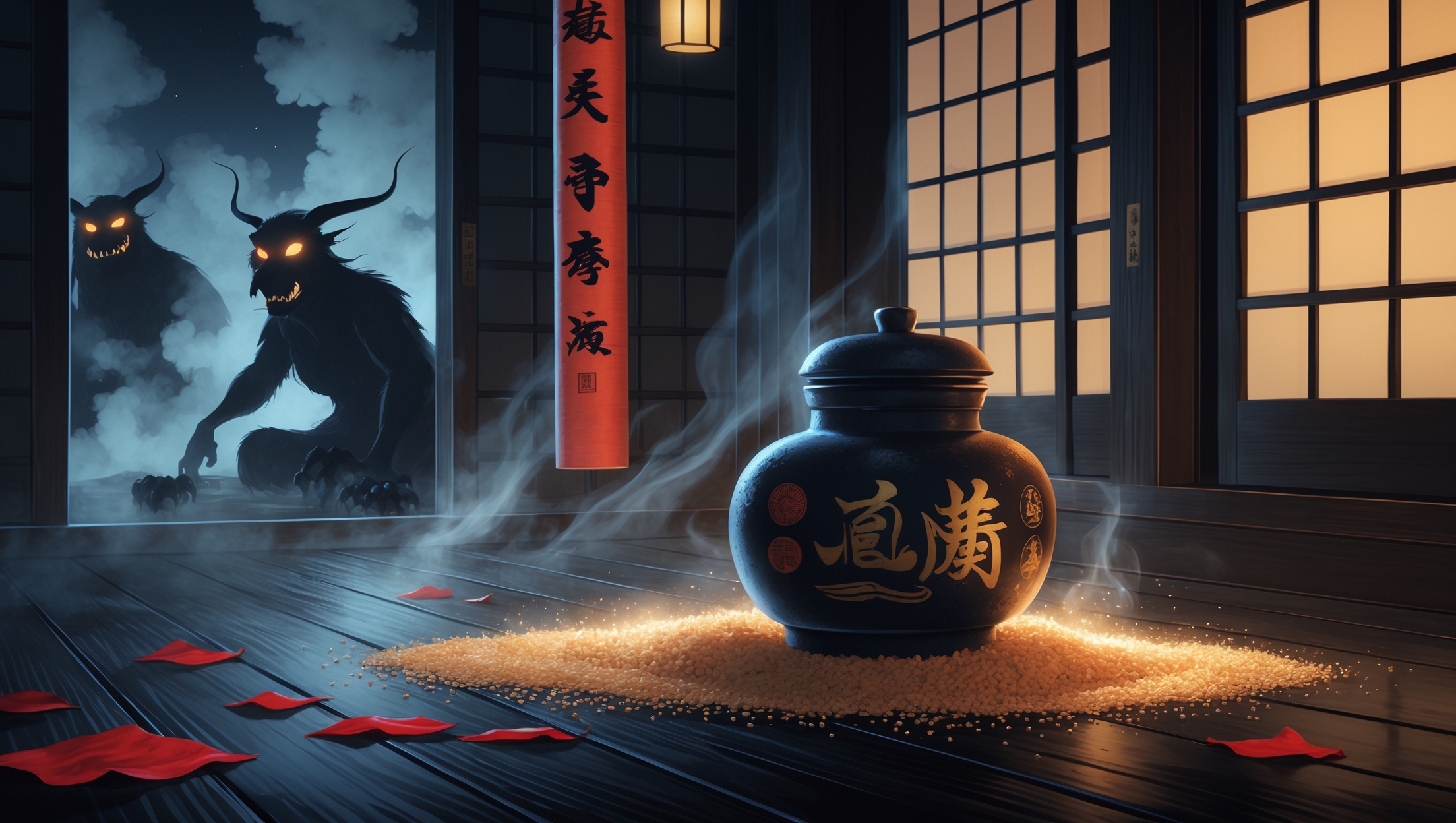 江戸時代風の和室に置かれた黒い塩壺と、その周囲に撒かれた塩。背景には青白い煙の中から光る目をした二体の妖怪が現れ、不気味にこちらを伺っている様子。