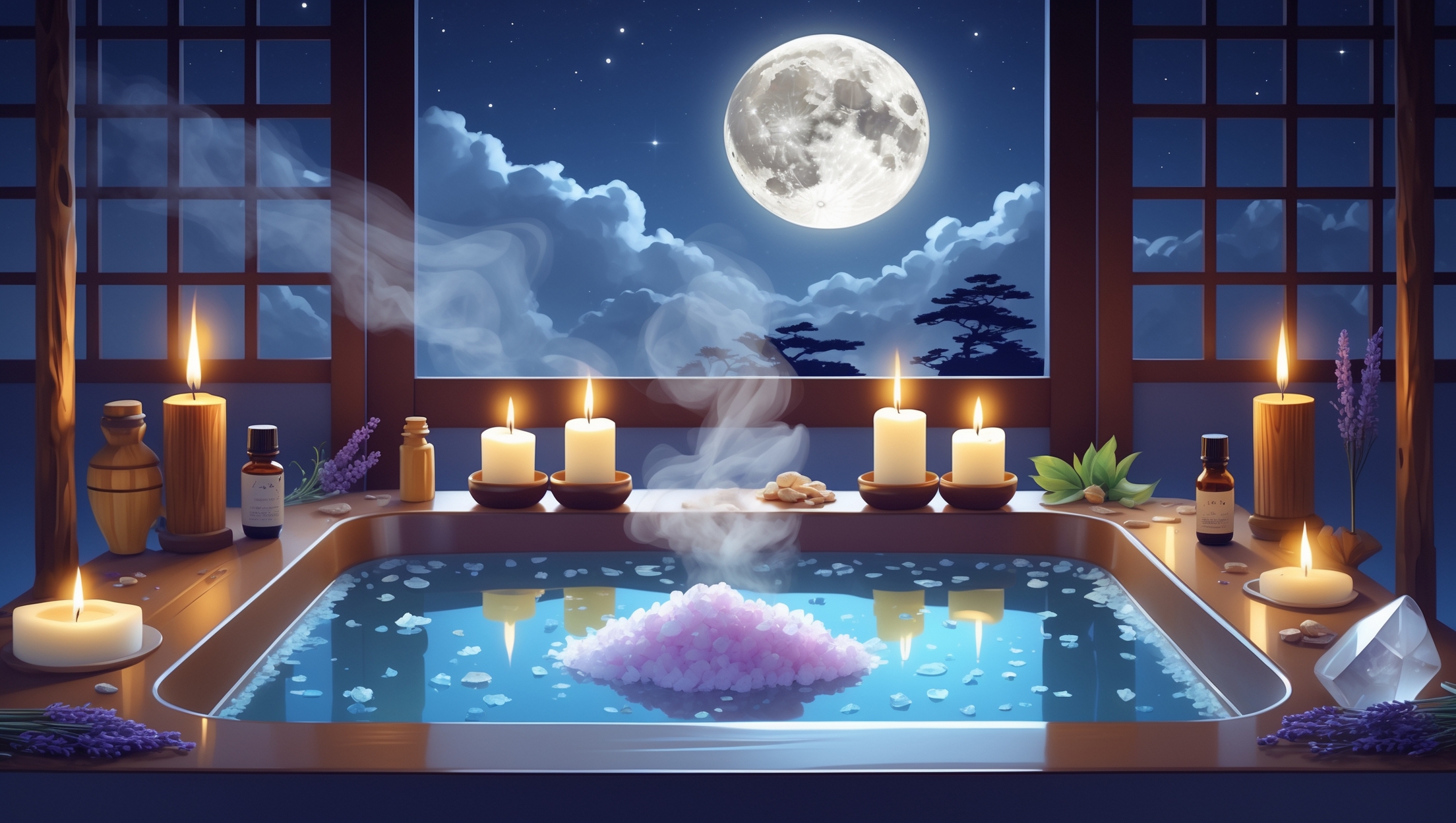 月明かりに照らされた和風バスルームと塩風呂、キャンドルとアロマが並ぶ幻想的な空間